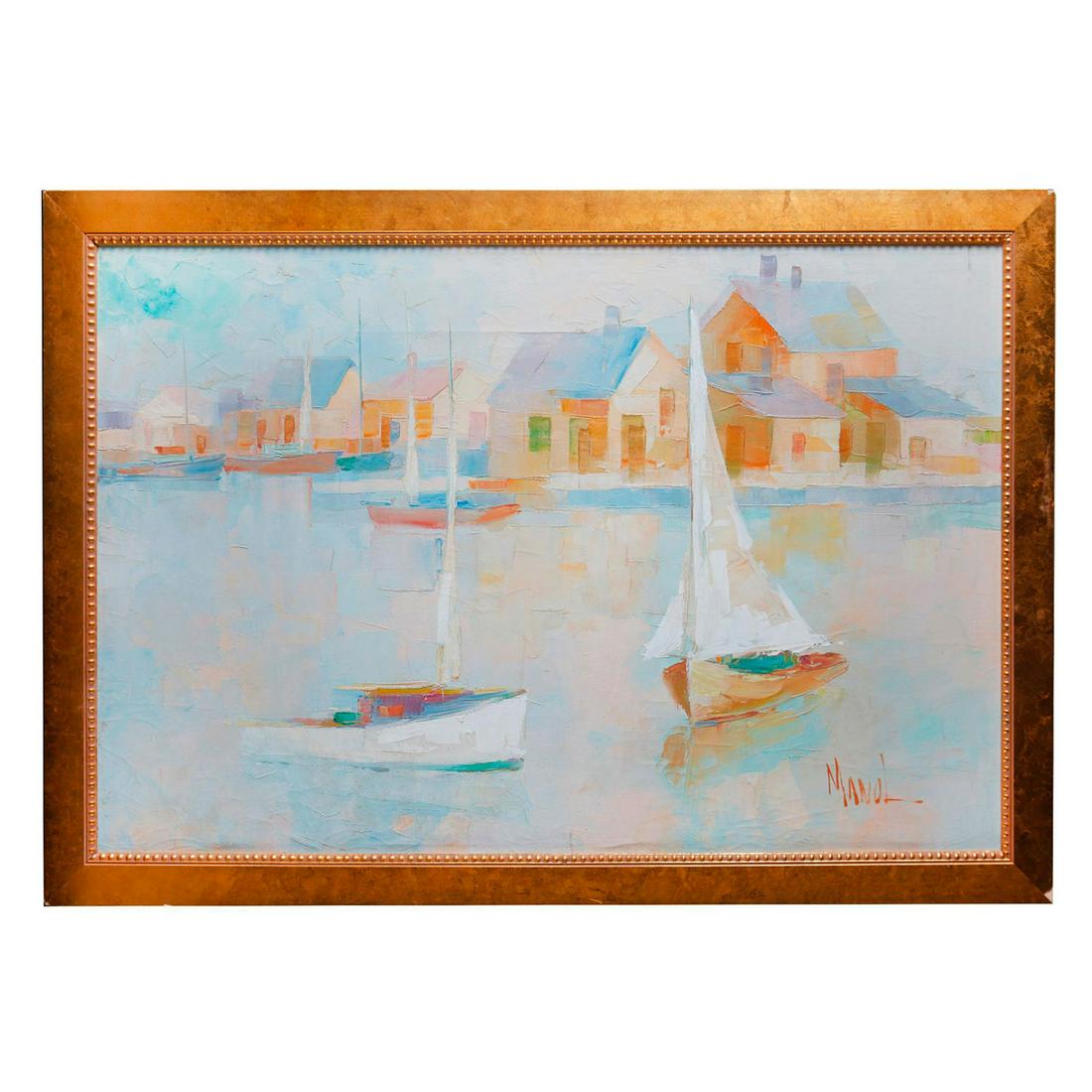 JOHN MANOL OIL ON CANVAS PAINTING, SAILBOATS: Mid century colorful landscape. Signed to bottom right by Artist. Chips to corners of frame. Artist: John Adamos Manol Issued: Mid 20th c. Dimensions: 39"L x 26.5"H x 1"D, framed