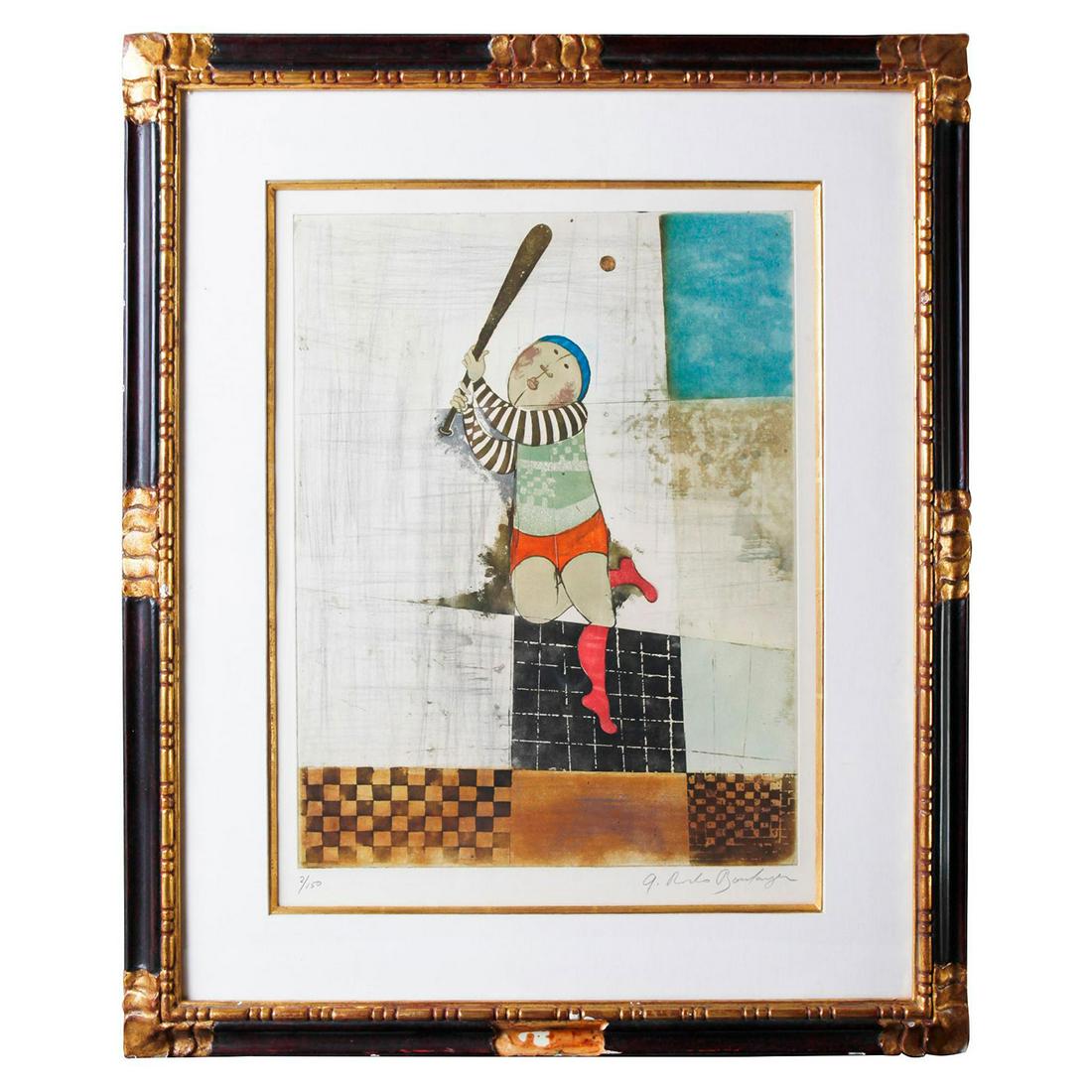 LIMITED EDITION FRAMED PRINT, GRACIELA RODO BOULANGER: Baseball player, from the Artist's Premiers Compagnons series. A limited edition art print after an original by Bolivian modern Artist Graciela Rodo Boulanger (b. 1935), celebrated for her stylized de