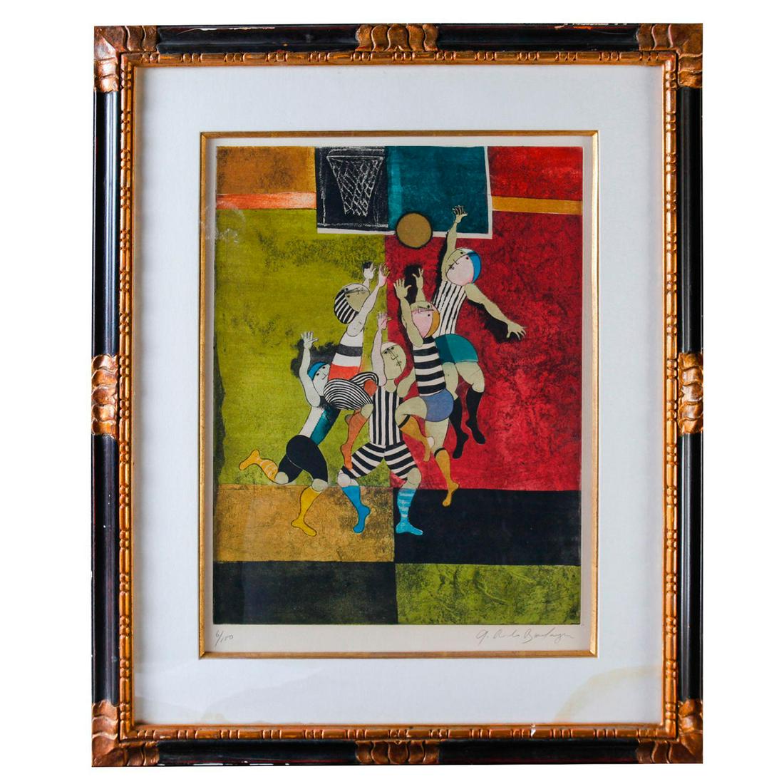 LIMITED EDITION FRAMED PRINT, GRACIELA RODO BOULANGER: Basketball players, from the Artist's Premiers Compagnons series. A limited edition art print after an original by Bolivian modern Artist Graciela Rodo Boulanger (b. 1935), celebrated for her stylized