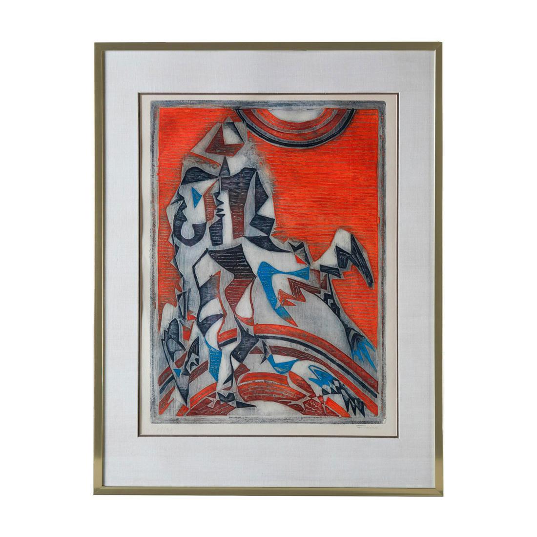 MARCEL FIORINI ABSTRACT ART PRINT, BIRDS: Red, brown, blue, and black colors. Signed & numbered by Artist. Has sticker from Gloria Luria gallery on back. Artist: Marcel Fiorini Issued: 20th c. Dimensions: 25.5"W x 33"H x 1"D, framed Edition N
