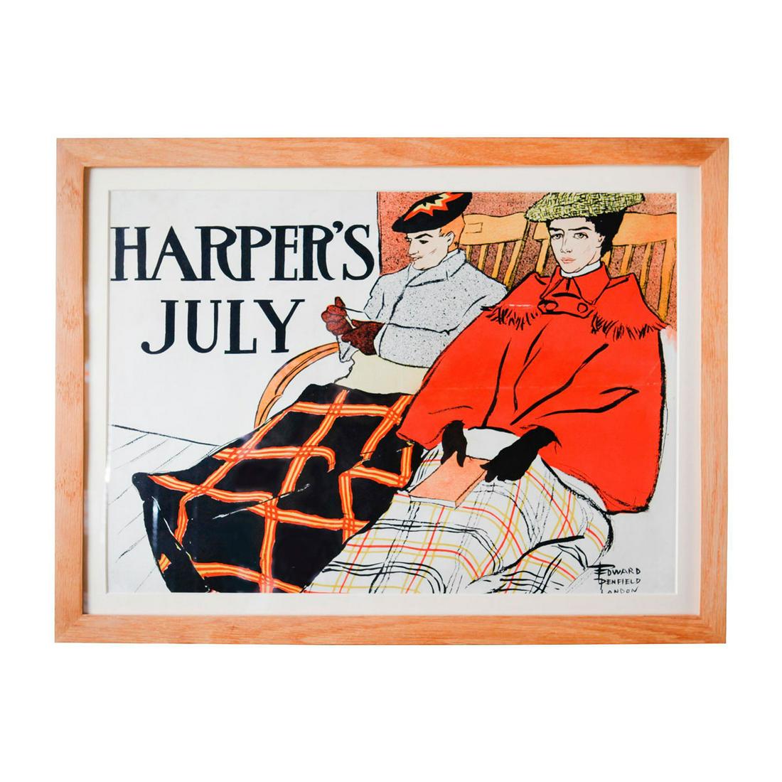 FRAMED MAGAZINE COVER POSTER, HARPER'S JULY: Framed and matted, with depiction of couple in warm clothing. Poster has centered horizontal and vertical creases, and minor imperfections to bottom right, bottom left, and top left corners. Harper's
