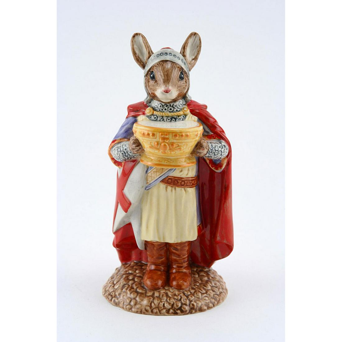 ROYAL DOULTON BUNNYKINS FIGURINE, SIR GALAHAD DB299: Royal Doulton Bunnykins, Sir Galahad Bunnykins DB299 (cream, red, white, purple, dark yellow, grey and brown coloration). Designed by Caroline Dadd, issued 2004 - present. Size 4.5"H Artist: C. Dadd I