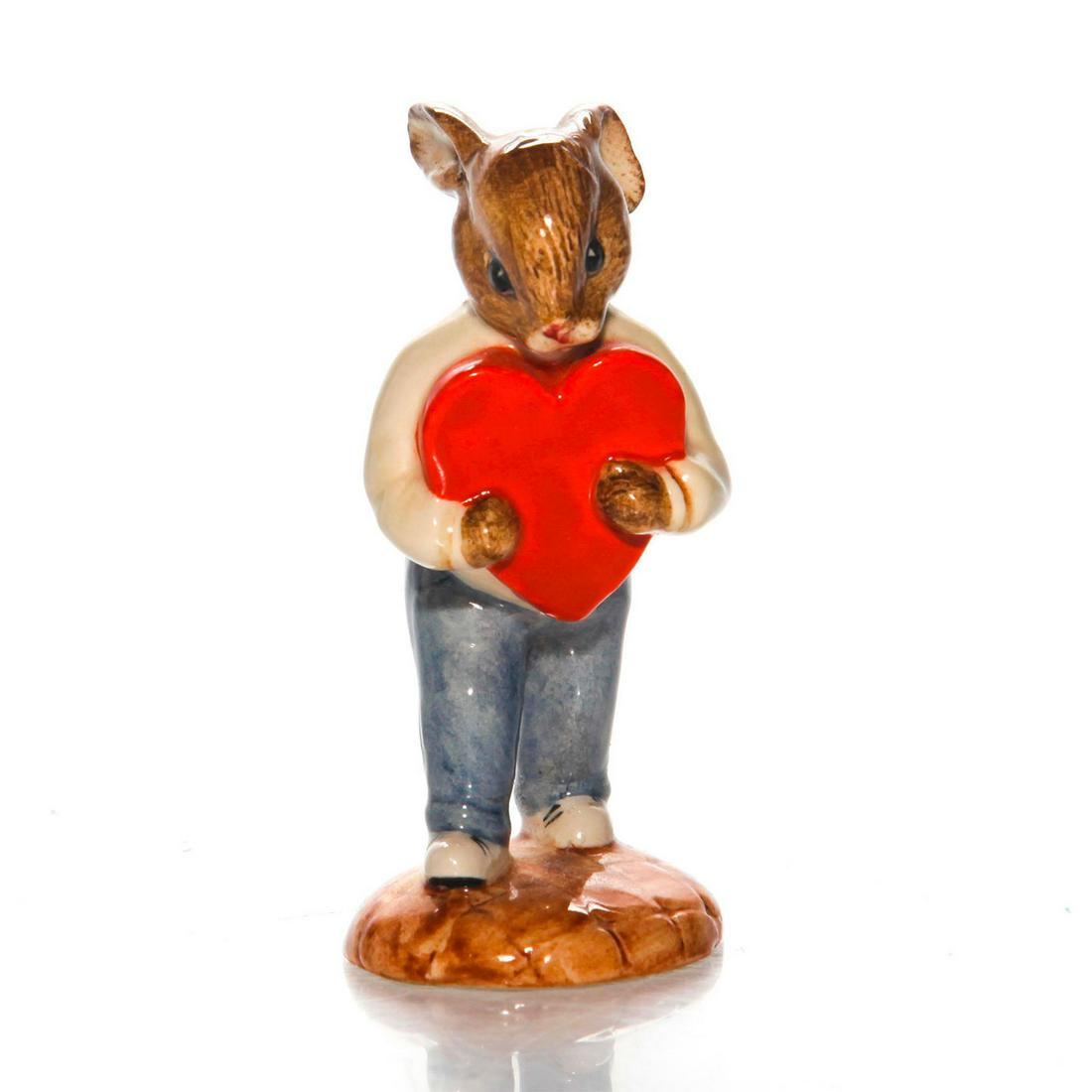 ROYAL DOULTON BUNNYKINS FIGURINE, SWEETHEART DB130: First variation of model. Yellow sweater, red heart. Stamped. Artist: Graham Tongue Issued: 1992 Dimensions: 3.75"H Manufacturer: Royal Doulton Country of Origin: England