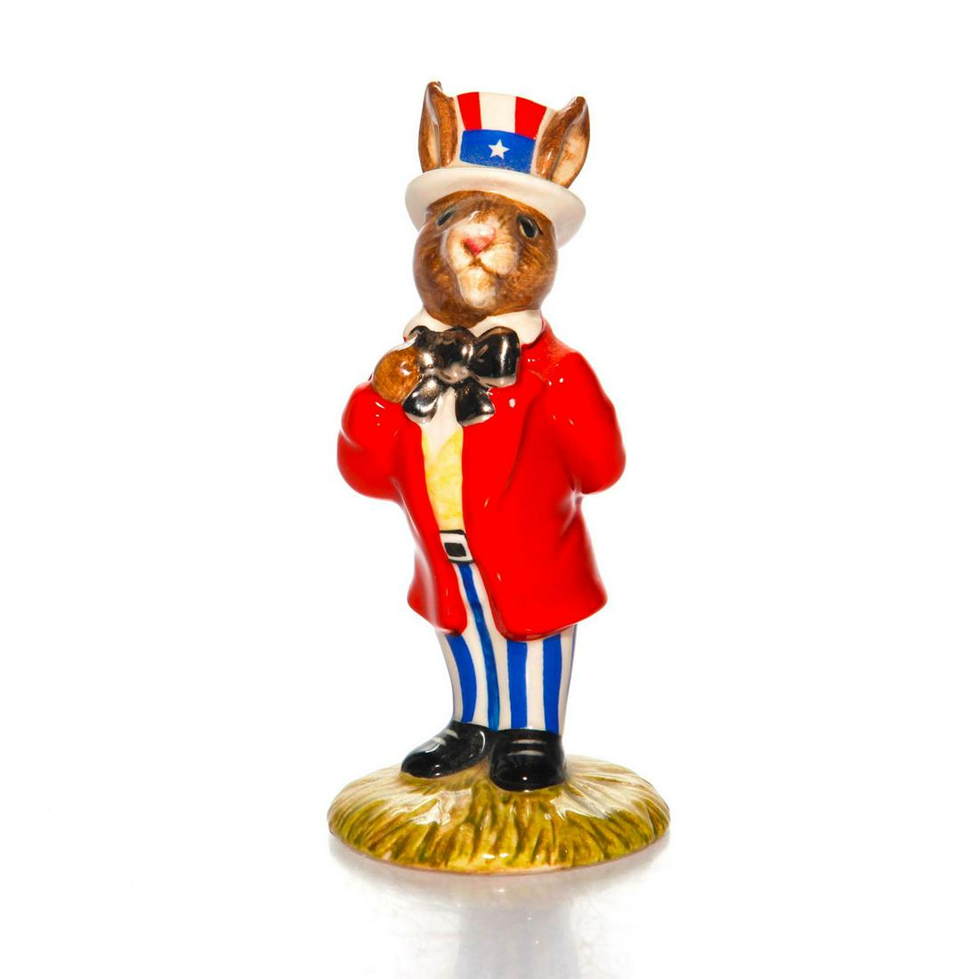 ROYAL DOULTON BUNNYKINS FIGURINE, UNCLE SAM DB175: Special edition of 1500. Platinum gilt bowtie. Red, white, blue. Artist: David Lyttleton Issued: 1997 Dimensions: 4.5"H Edition Number: 85 Edition Size: 1500 Manufacturer: Royal Doulton Country of Ori