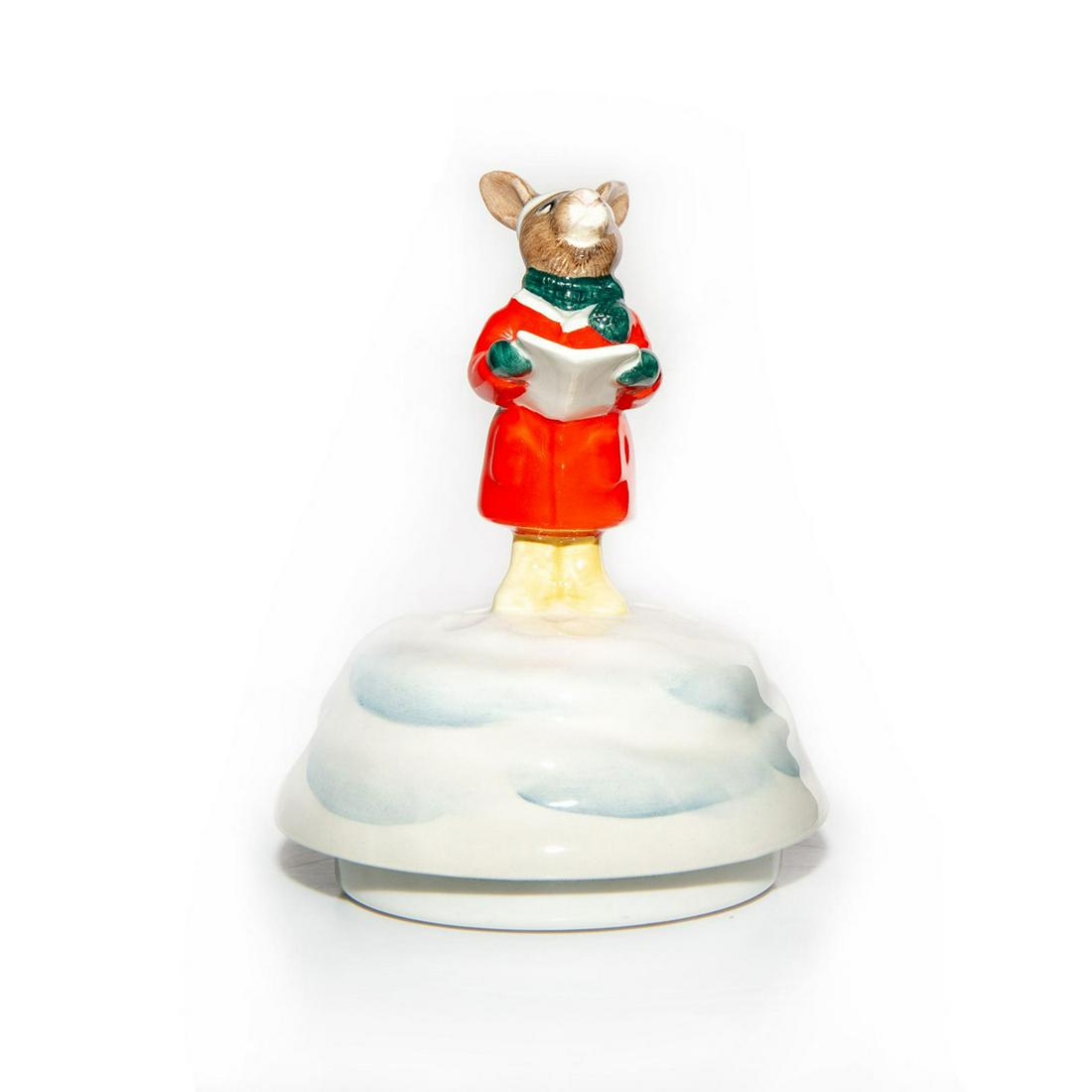 ROYAL DOULTON BUNNYKINS MUSIC BOX, CAROL SINGER DB53: Christmas series. Ceramic; titled on base. Doulton backstamp. Artist: H. Sales Issued: 1986-1990 Dimensions: 5.75"H Manufacturer: Royal Doulton Country of Origin: England