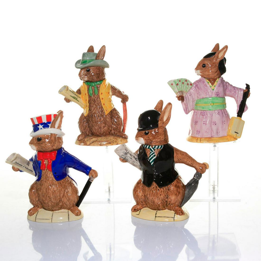 ROYAL DOULTON BUNNYKINS FIGURINE, SET OF 4 ROYAL: All are marked Royal DoultonÂ to bottom. Unique variation on the Bunnykin theme. Uncle Sam Teapot D6996, London City Gent Teapot D6966, Aussie Explorer Teapot D7027, Geisha Girl Teapot D7126. Issued