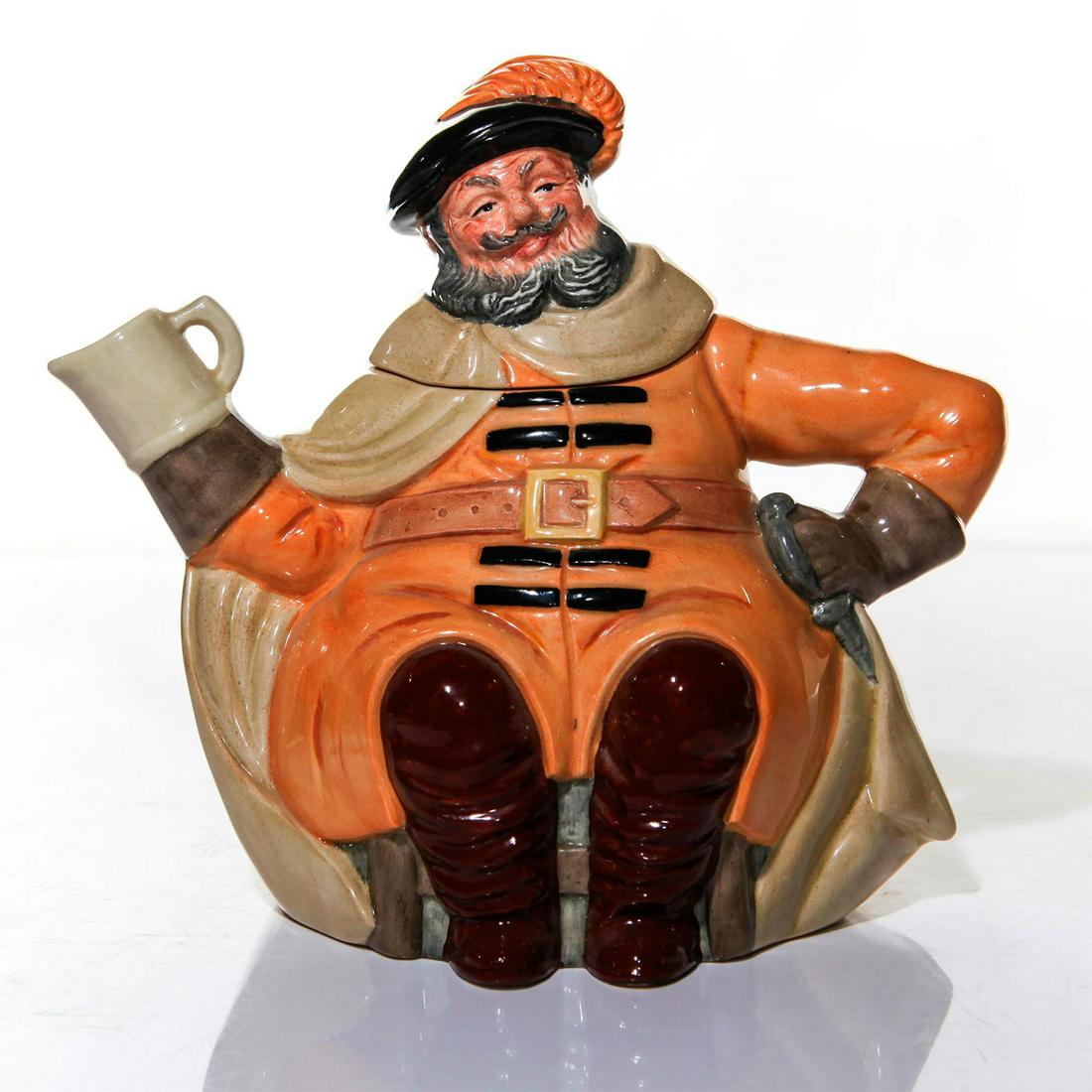 ROYAL DOULTON CHARACTER TEAPOT, FALSTAFF, D6854: Seated. Sword in one hand and feather in beret. Artist: William K. Harper Issued: 1989 Dimensions: 7.0"H Manufacturer: Royal Doulton Country of Origin: England