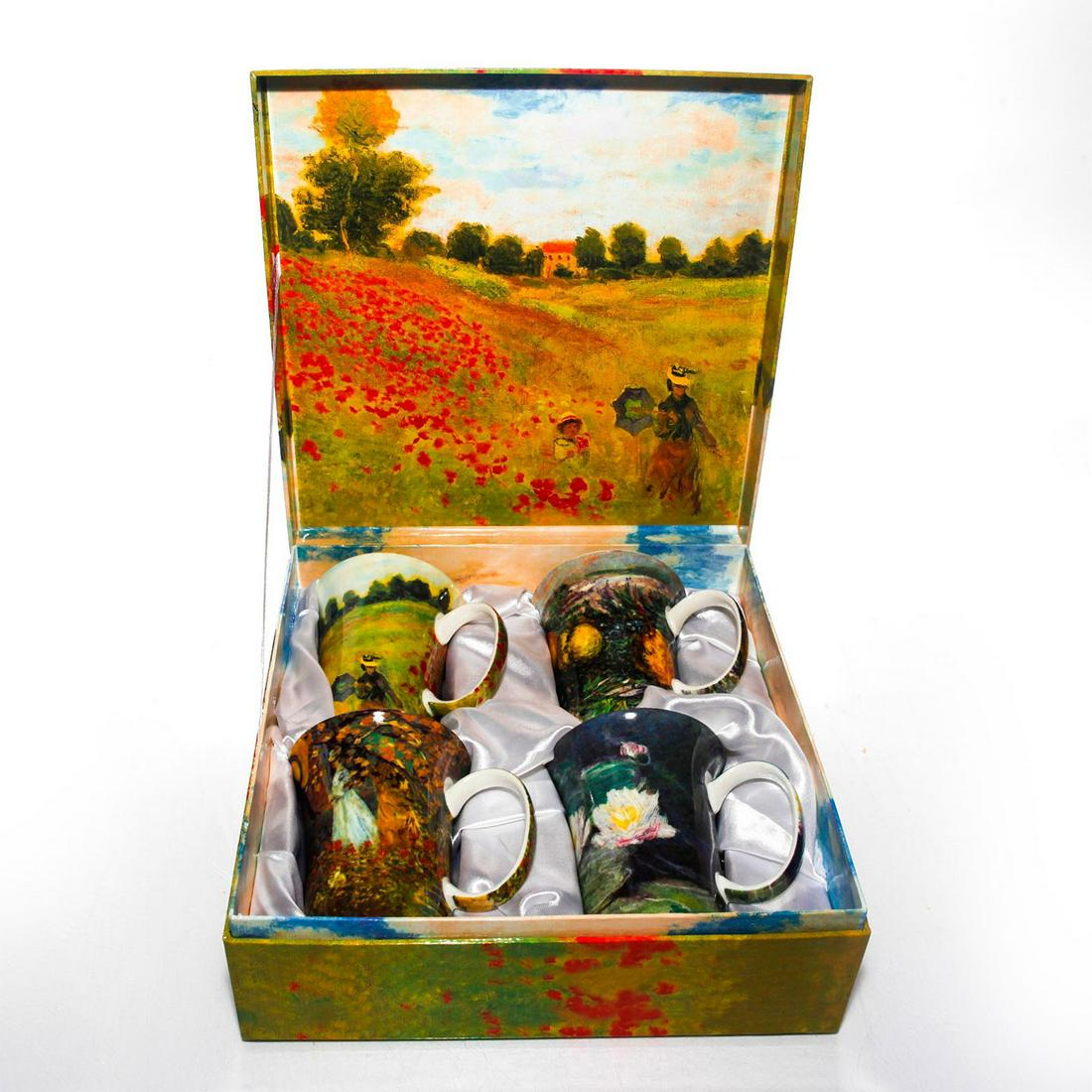 GROUP OF FOUR MCINTOSH MONET CLASSICS BONE CHINA MUGS: Four scenes from the French Impressionist artist. Collectors box. Issued: c. 2010 Dimensions: 10.5"H x 10.5"W, case Manufacturer: McIntosh Fine Bone China Country of Origin: United States