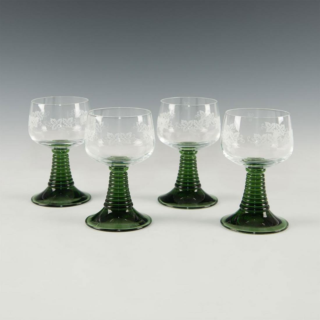 SET OF 4 GERMAN ART NOUVEAU ETCHED PORT WINE GLASSES: Deep green Roemer glass, etched. Issued: early 20th century Dimensions: 3.25"D X 5.25"H Country of Origin: Germany