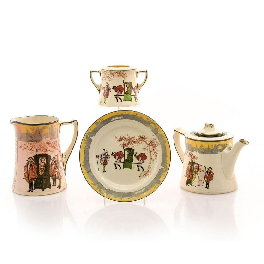SET OF 4 ROYAL DOULTON TABLEWARE PIECES, D3597: 4 pc. decorated with classical scene of Lady in Panalliquin. As the Wind Blows so Set Your Sail is on front of pitcher. Issued: 20th. c. Dimensions: 6"H, tallest Manufacturer: Royal Doulton Country of