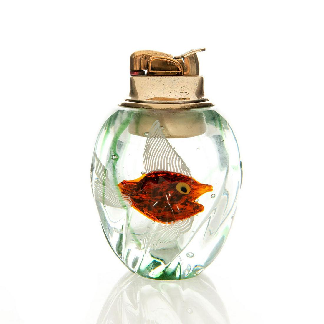 MURANO ITALIAN ART GLASS DESK LIGHTER: Italian hand blown, handpainted fish. Detachable brass lighter. Issued: 20th c. Dimensions: 3.25"H Manufacturer: Murano Glass Country of Origin: Italy