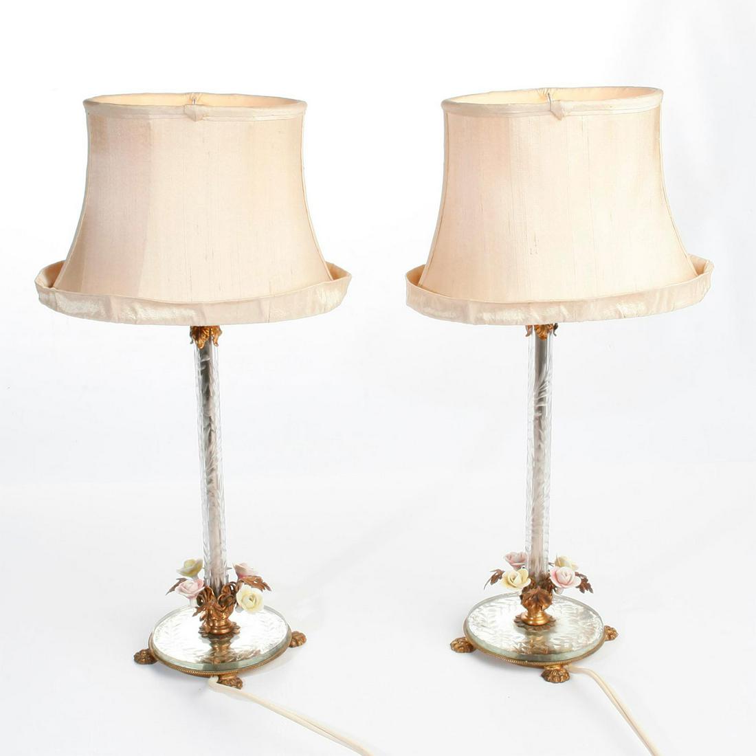 PAIR OF VICTORIAN STYLE LAMPS: Stylized porcelain buds and mirrored bases. Untested. Issued: 20th c. Dimensions: 18.25"H, each