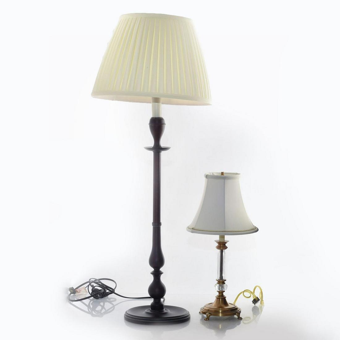 1 BRASS AND CRYSTAL LAMP, 1 BRONZE BUFFET LAMP: 1 cut crystal design with animalistic feet. 1 statuesque design. Issued: 21st c. Dimensions: 31"H, tallest
