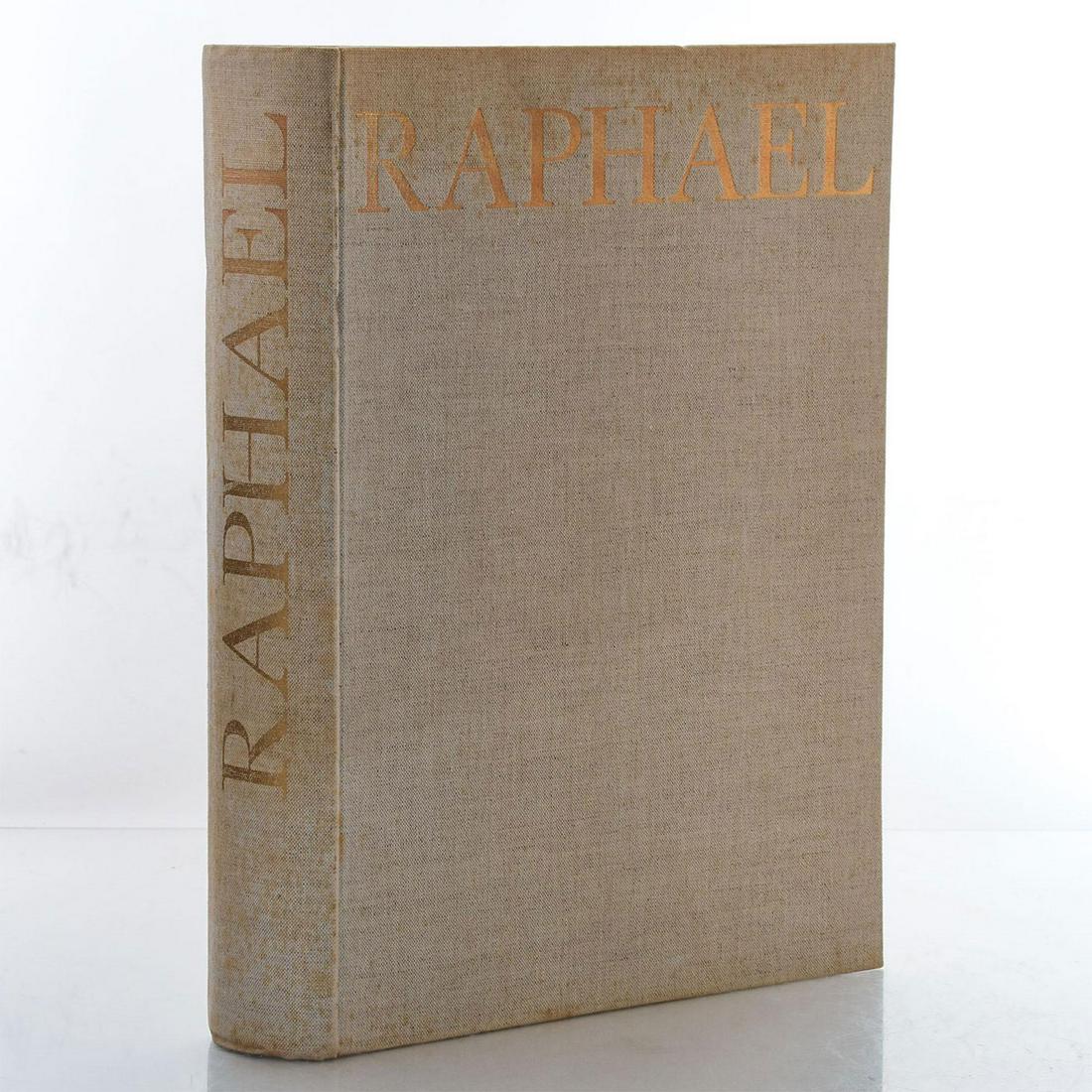 THE COMPLETE WORK OF RAPHAEL BOOK, 1969: Grey linen hardcover; gilt lettering. By Reynal and Company. Art book based on famed Italian artist. Black and white and colored illustrations. Issued: 1969 Dimensions: 15"L x 11.5"W Country of Origin