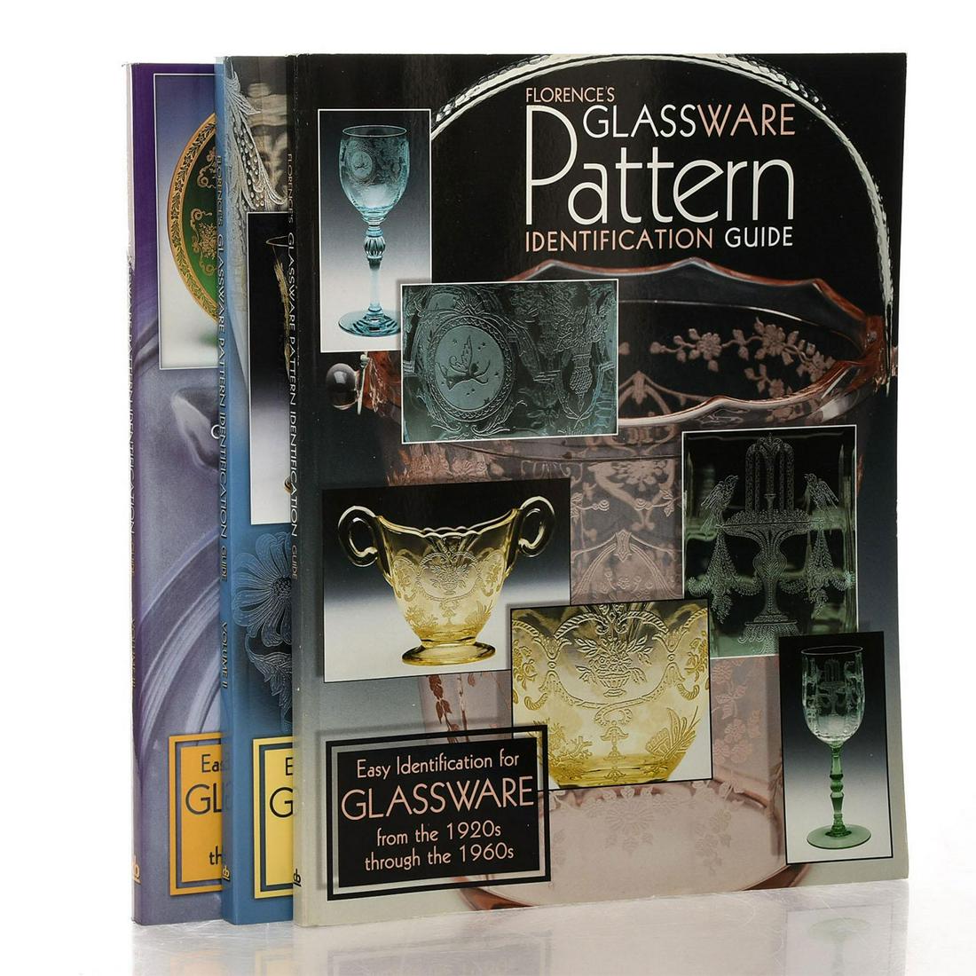 3 BOOKS OF GLASSWARE PATTERNS, GREAT DEPRESSION FORWARD: Thousands of color images and listings. FLORENCES GLASSWARE PATTERN ID GUIDE VOLUME I, II, III Thousands of color images and listings; 11"H x 8.5"W; 1999, 2000, 2003 Collector Books. Dimensions: 11"H 