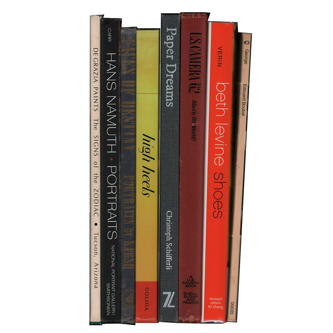 8 BOOKS VARIOUS SUBJECTS: Hard and softcover. Hundreds of color, b/w illustrations. Hans Namuth Portraits, U.S. Camera '62, Photography: Men and Movements, Beth Levine Shoes, Faces of Destiny: Portraits By Karsh, Paper Dreams.