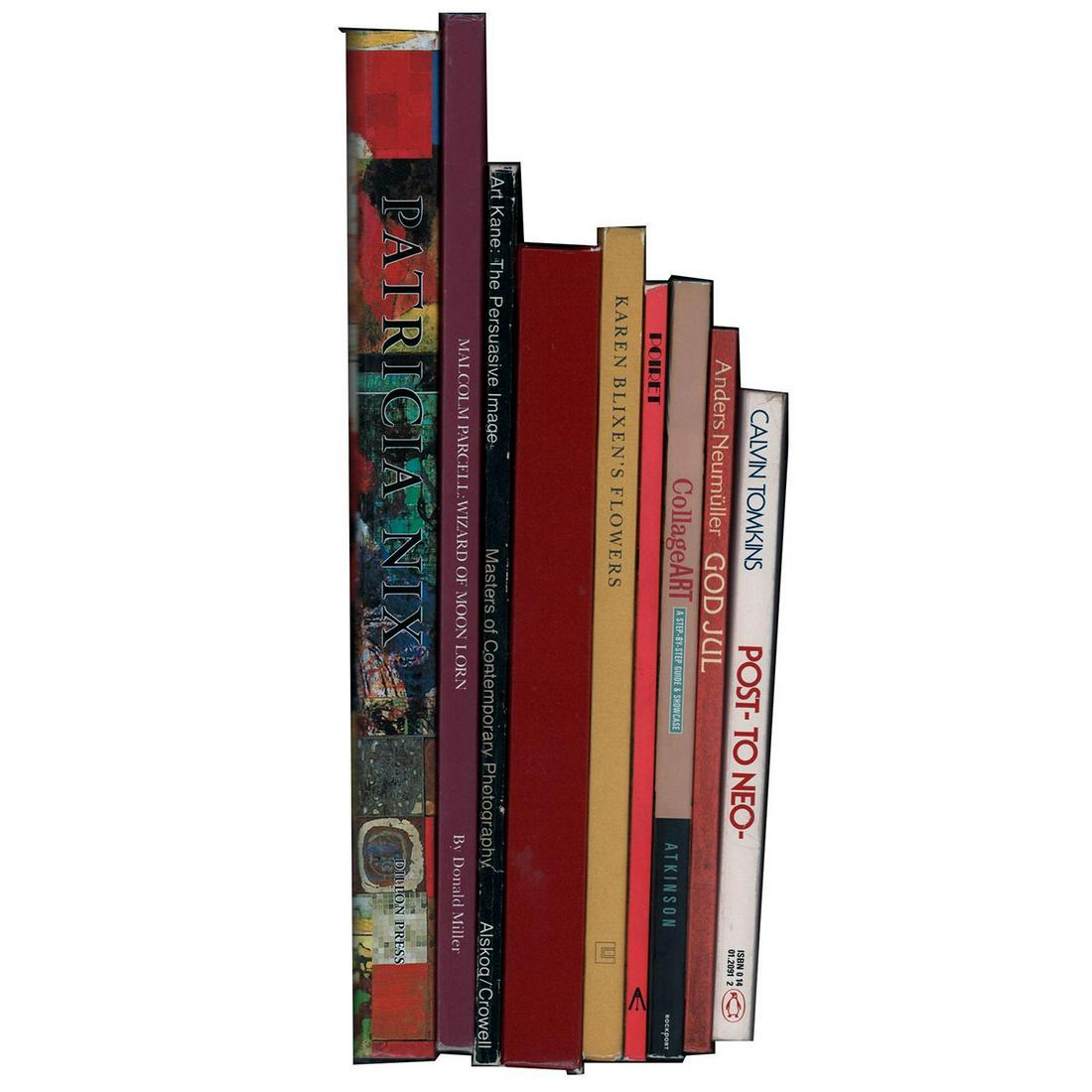 9 BOOKS VARIOUS ART RELATED SUBJECTS: Hard and softcover. Hundreds of color, b/w illustrations. Museu Perrot Moore photographic portraits (text in Spanish), Patricia Nix, Malcolm Parcell: Wizard of Moon Lorn, Collage Art, God Jul (text in