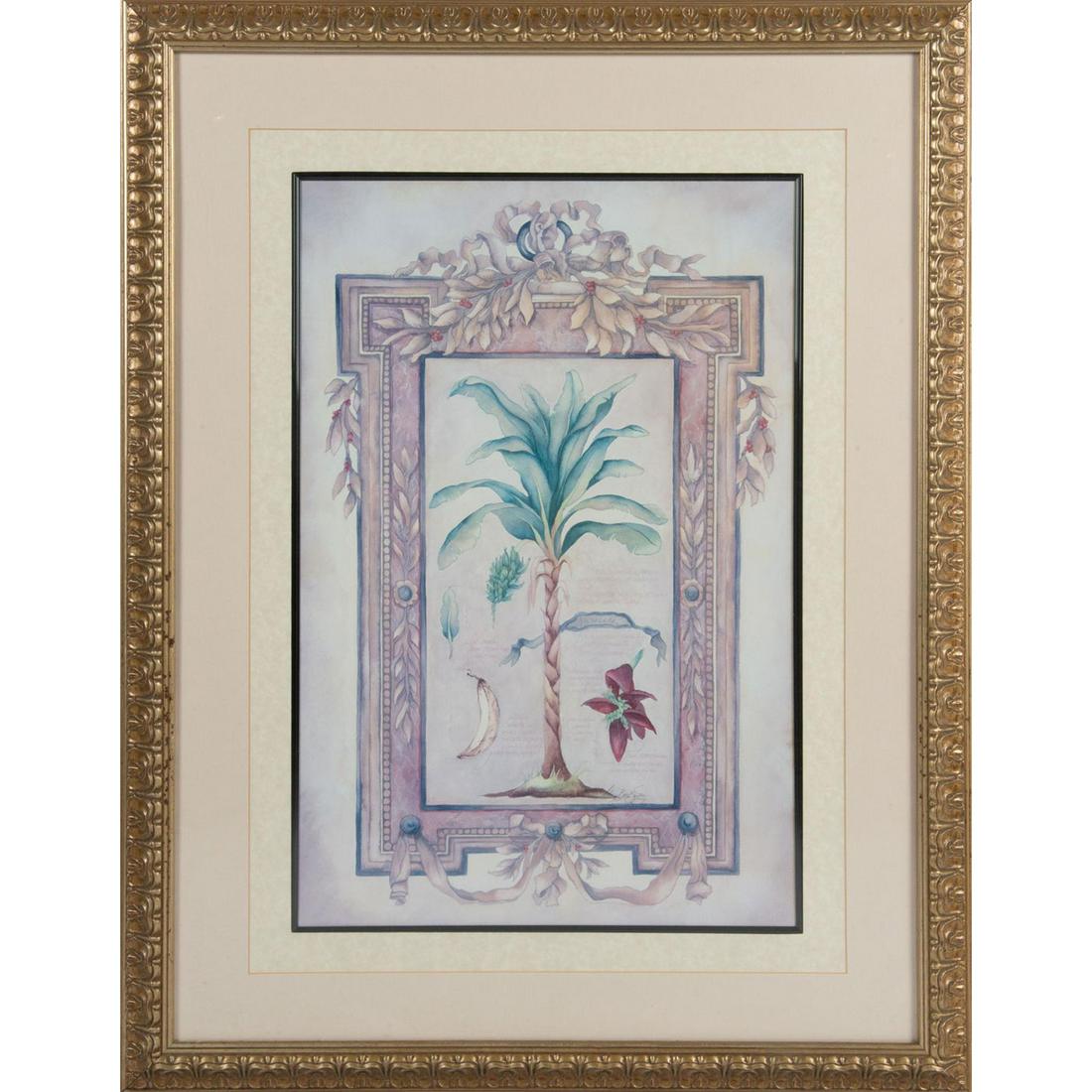FRAMED BANANA TREE ART PRINT: By artist Mary Beth Zeitz. Depicts a banana tree and details its leaves, fruit, and flower. Framed in 2" textured gold color wood frame with double matting and black filigree. Overall good condition, 