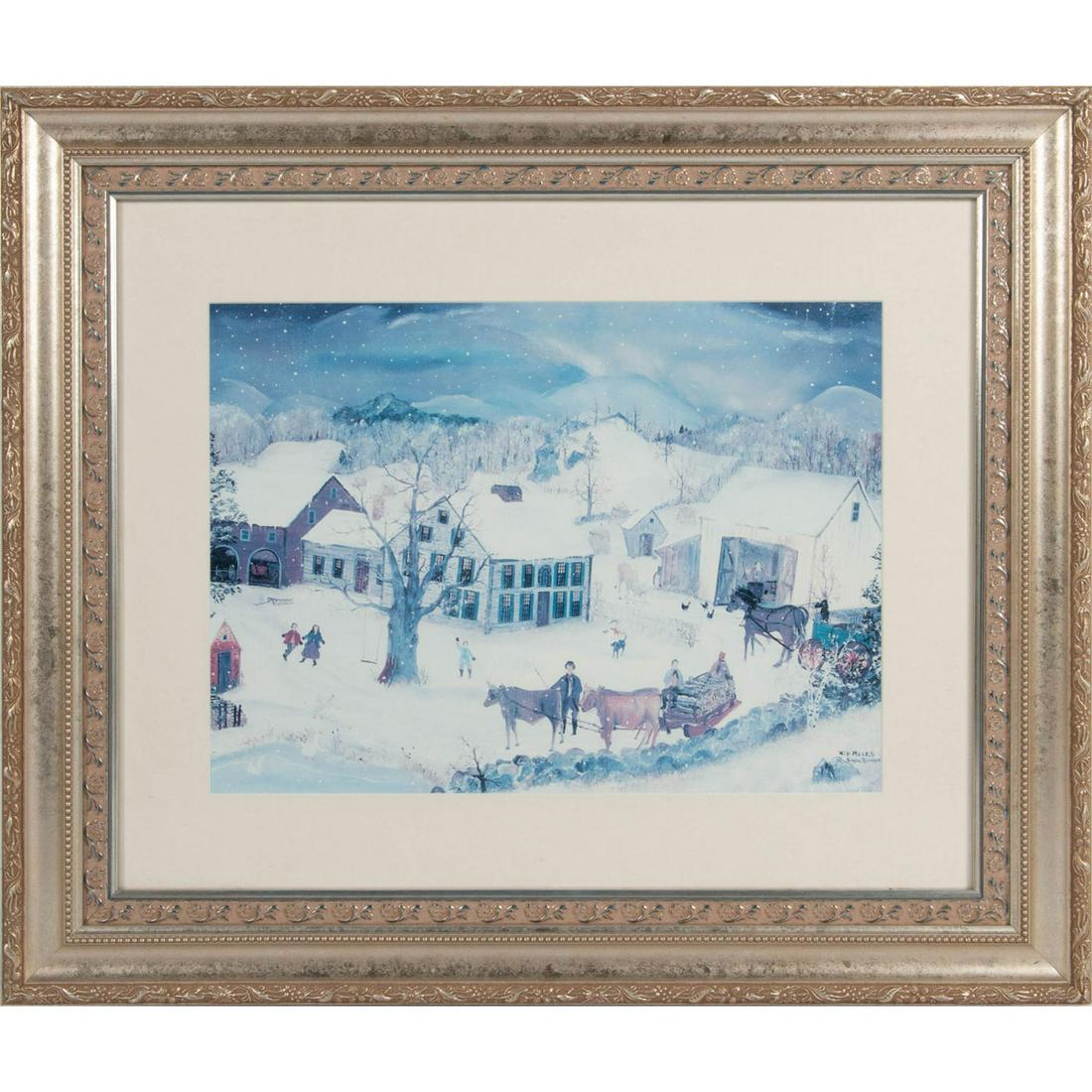 FRAMED WILL MOSES FOLK ART PRINT: Folk art print of a 19th century American winter scene. Framed print of a 19th century winter scene in rural New York. Overall good condition, frame is slightly chipped on bottom right corner. Image: 