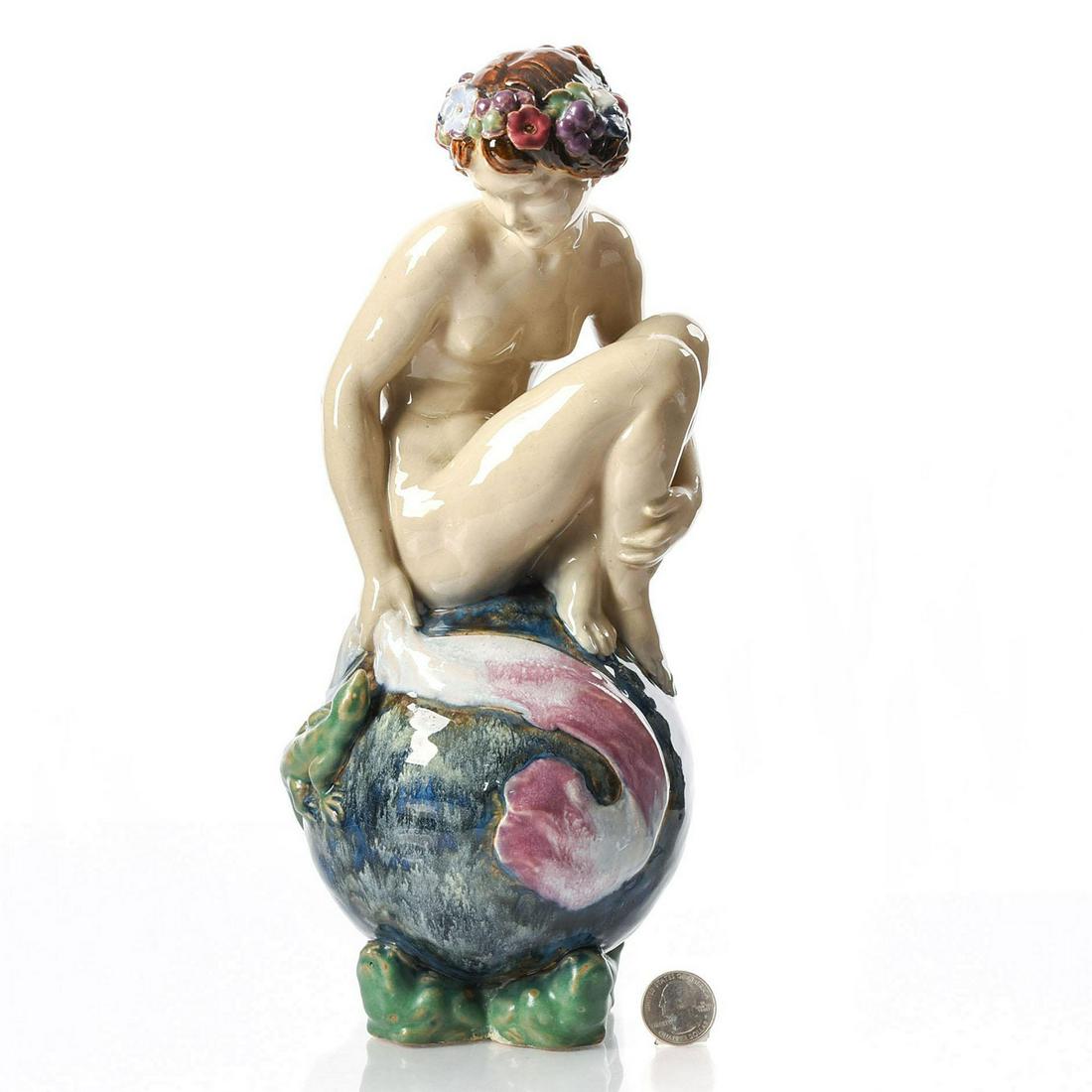 ROYAL DOULTON FIGURINE THE BATHER: Allegorical. Lustre, mottled cobalt, pink & naturalistic colors. This iconic Art Nouveau monumental allegorical figurine by Royal Doulton artist John Broad uses the popular 1920s subject of the Bathin