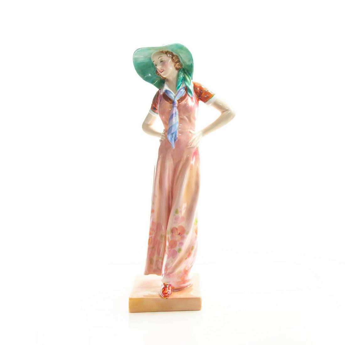 ROYAL DOULTON FIGURINE, THE LAMBETH WALK HN1881: Elegant lady wearing pink floral dress and a broad brimmed hat. Doulton backstamp. Hairline crack to base.Artist: Leslie Harradine Artist: Leslie Harradine Issued: 1938-1949 Dimensions: 11"H Manufactu