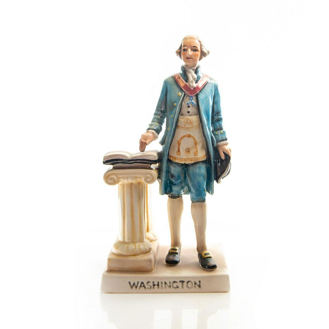GOEBEL FIGURINE, GEORGE WASHINGTON, 1957: Ceramic model; George wearing Masonic apron. Goebel backstamp. Artist: Issued: c. 1957 Dimensions: 8"H Manufacturer: Goebel Country of Origin: Germany