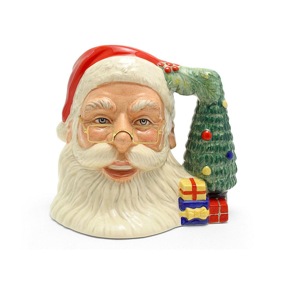 SANTA CLAUS D7123 (TREE HANDLE) - LARGE - ROYAL DOULTON: Royal Doulton Character Jug, Santa Claus Tree Handle D7123 (red, white, blue and grey coloration). Designed by David B. Biggs, issued 1998 in special edition of 1,500. Size: 7"H (Large)The Santa Claus