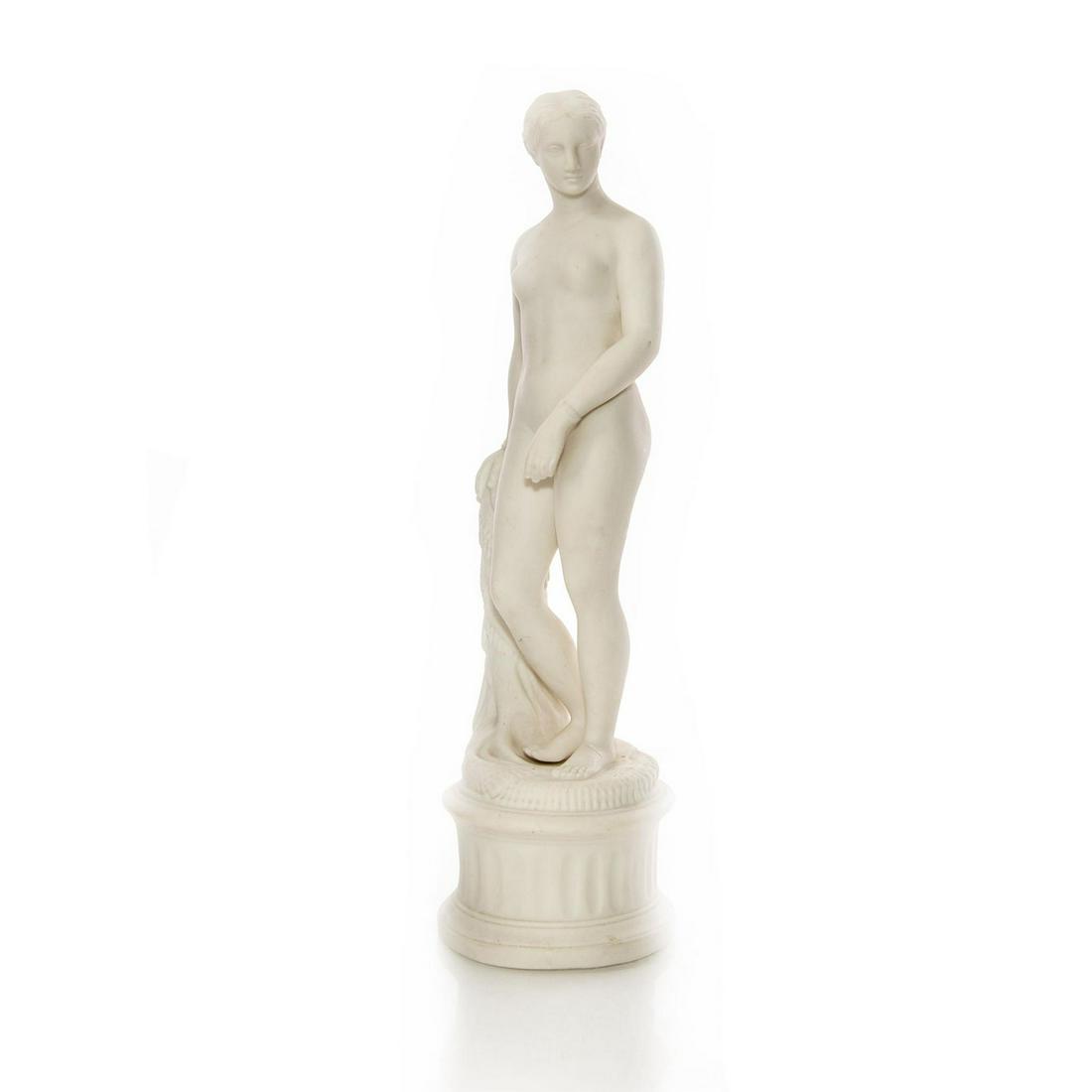 ANTIQUE PARIAN PORCELAIN NUDE WOMAN ON PILLAR: Undressed blanc De chine figurine standing on rug. Left foot has crack. Issued: 1850 c. Dimensions: 13.5"H