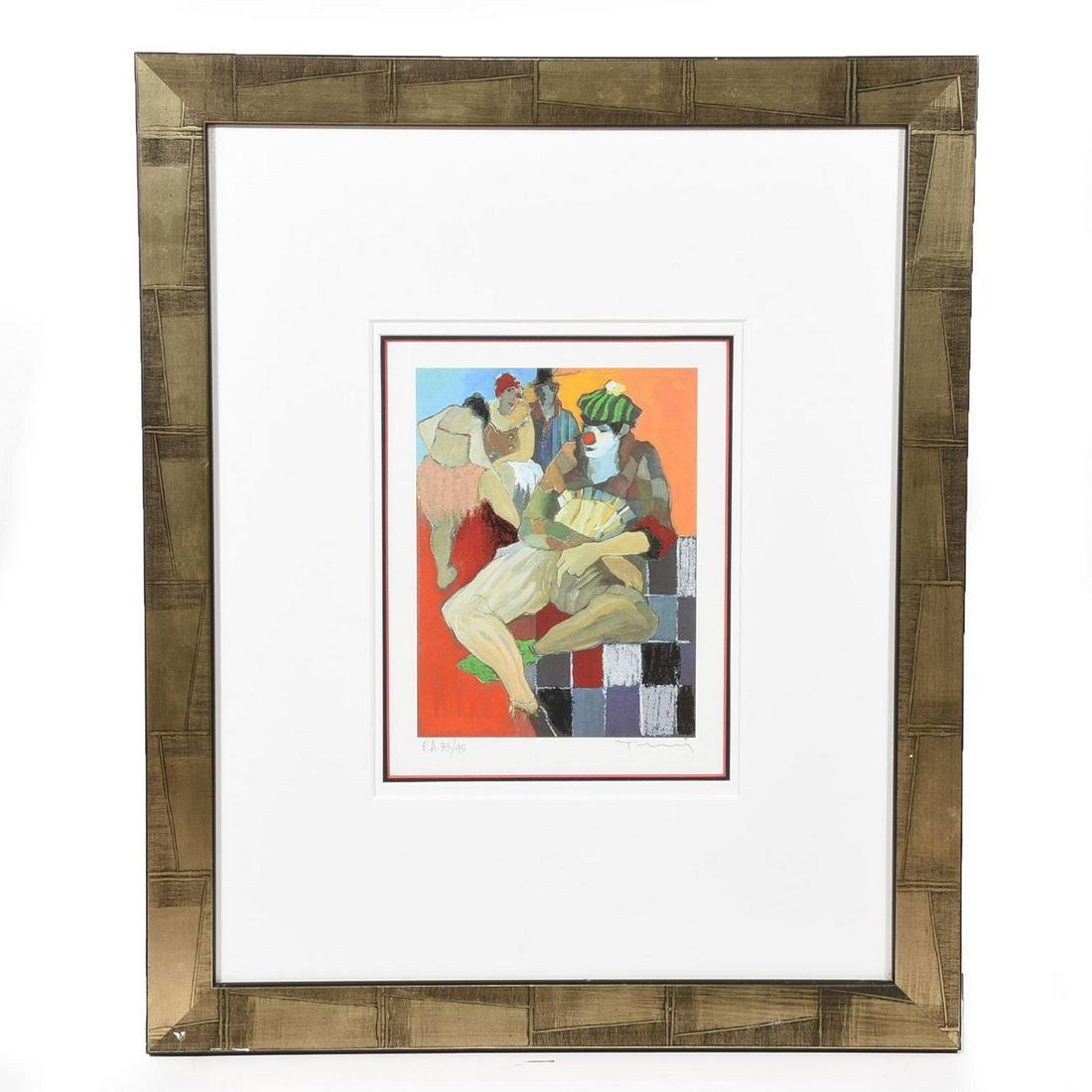 NUMBERED ITZCHAK TARKAY PRINT, CONTEMPORARY, SIGNED: Dynamic print signed by acclaimed artist, in high quality frame. Signature and limited edition numbering in pencil on print. Deeply molded frames and excellent, fabric lined and color mattes. Itzchak 