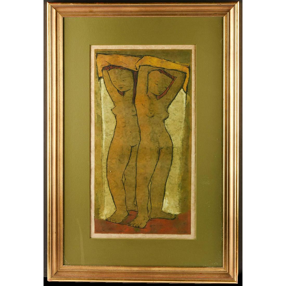 ANGELO BOTELLO HAND SIGNED POST MODERN LITHOGRAPH PRINT: Limited Edition linocut, celebrated 20th century Post Modernist. A limited edition hand signed linograph print, two nude females, on rice paper by 20th century artist Angel Botello (1913ï¿½1986). K