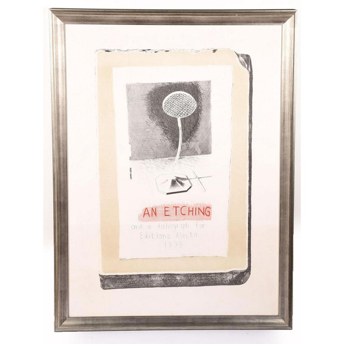 DAVID HOCKNEY ART PRINT, AN ETCHING AND A LITHOGRAPH: For Editionz Alecto. Edition number, artist signature to bottom. Framed, with low glare glass. Minor scratches to frame. Artist: David Hockney Issued: 1973 Dimensions: 30"W x 40.5"H x 1.5"D, framed Ed
