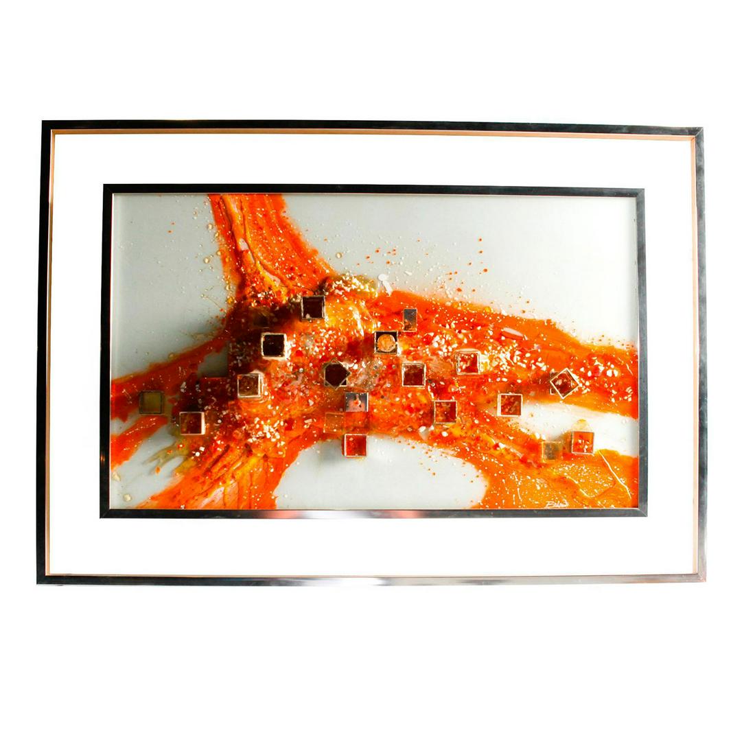 MIXED MEDIA ABSTRACT ARTWORK: Resin, glass, and metal. Signed by artist, lower right. This abstract artwork features a frame mounted on the glass of another frame, projecting it away from the wall. Artist: Baldwin Dimensions: 39"W