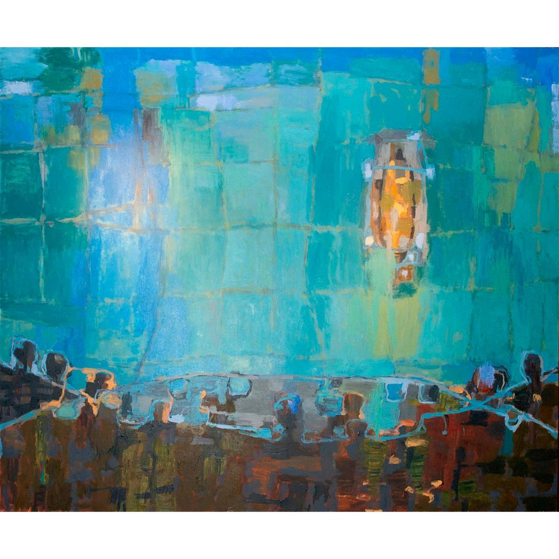 CONTEMPORARY ABSTRACT REALISM OIL PAINTING: By artist Sam Perry. Original abstract landscape oil painting depicting the ground and a blue green sky. Unframed. Artist: Sam Perry Issued: 2006 Dimensions: 75" H x 90" W x 1"D Country of Origin: Uni