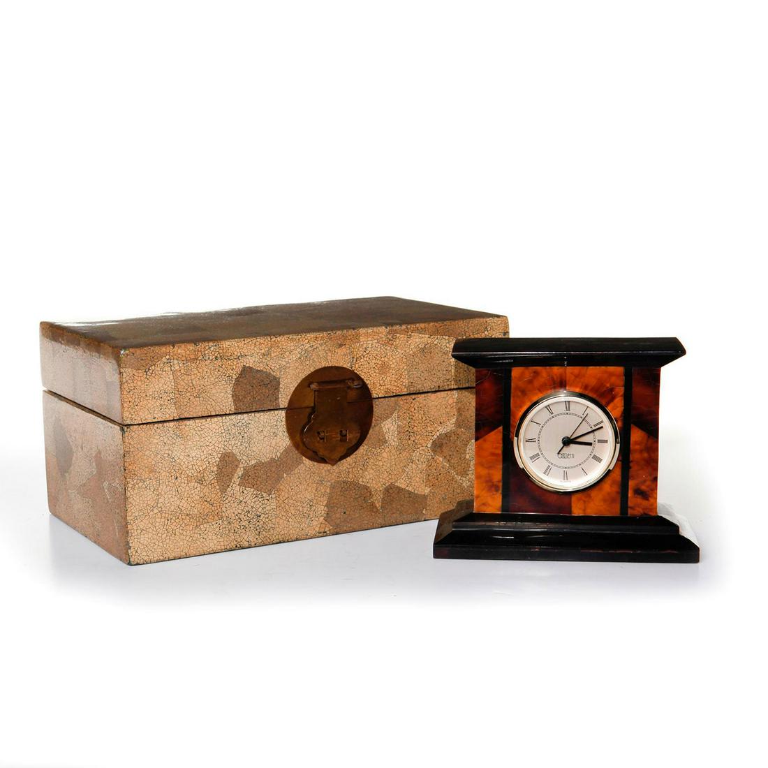 ART DECO OGGETTI MANTEL CLOCK, LAQUER BOX: Brown faux alabaster desk clock and mosaic-surfaced box. Clock was not tested for accuracy. Issued: 20th c. Dimensions: 12"L x 7"W, box Manufacturer: Oggetti, other