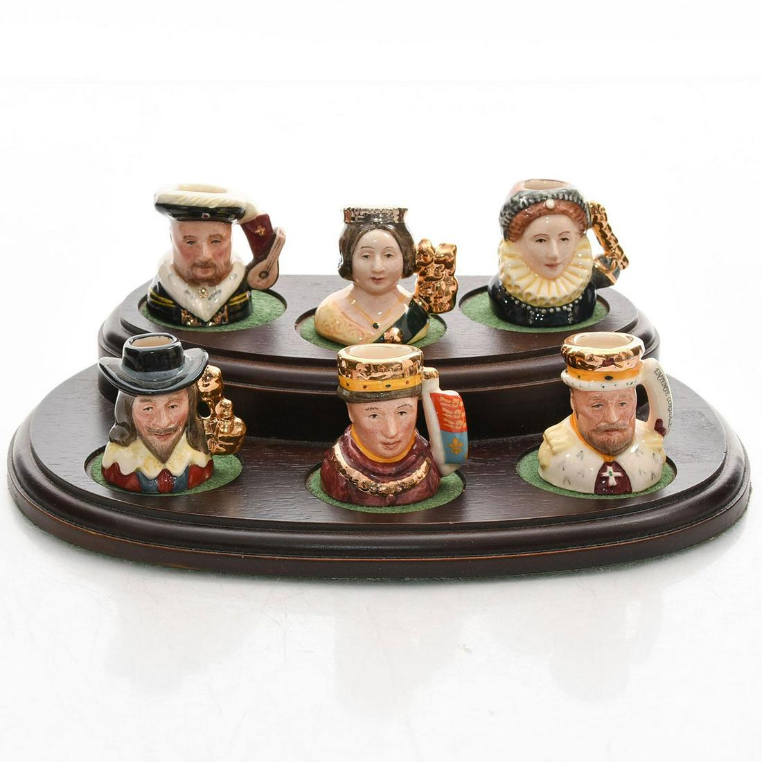 KINGS AND QUEENS OF THE REALM SET - TINY - ROYAL: Royal Doulton Character Jug, Kings and Queens of the Realm with stand (Henry VIII - black, white and gold; Victoria - Yellow, brown and silver; Elizabeth I - green, yellow and brown; Edward VIII - Gol