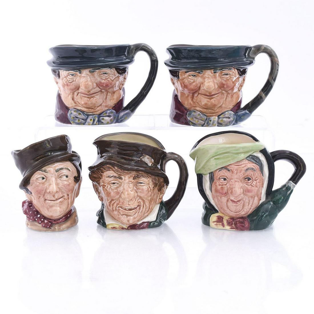 5 ROYAL DOULTON SMALL CHARACTER JUGS: Sairey Gamp, 2 Tony Weller, Sam Weller, Paddy. Issued: 20th c. Dimensions: 3"H, tallest Manufacturer: Royal Doulton Country of Origin: England