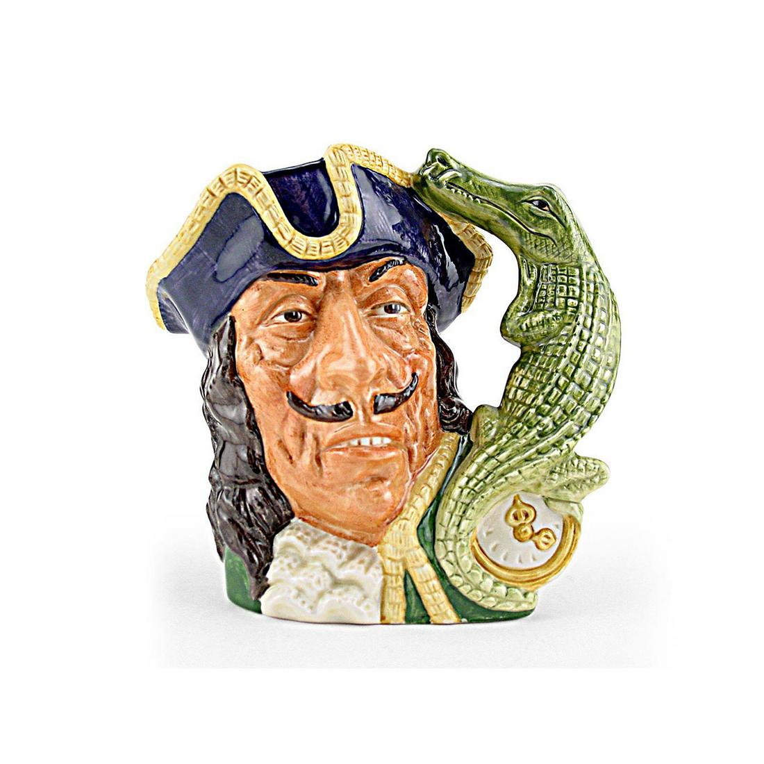 CAPT HOOK OLD D6597 - LARGE - ROYAL DOULTON CHARACTER: Royal Doulton Character Jug, Capt Hook Old D6597 (blue tricorn trimmed with yellow, green coat trimmed with yellow, white ruffles at the neck). Designed by Max Henk and David B. Biggs, issued 1965 - 1