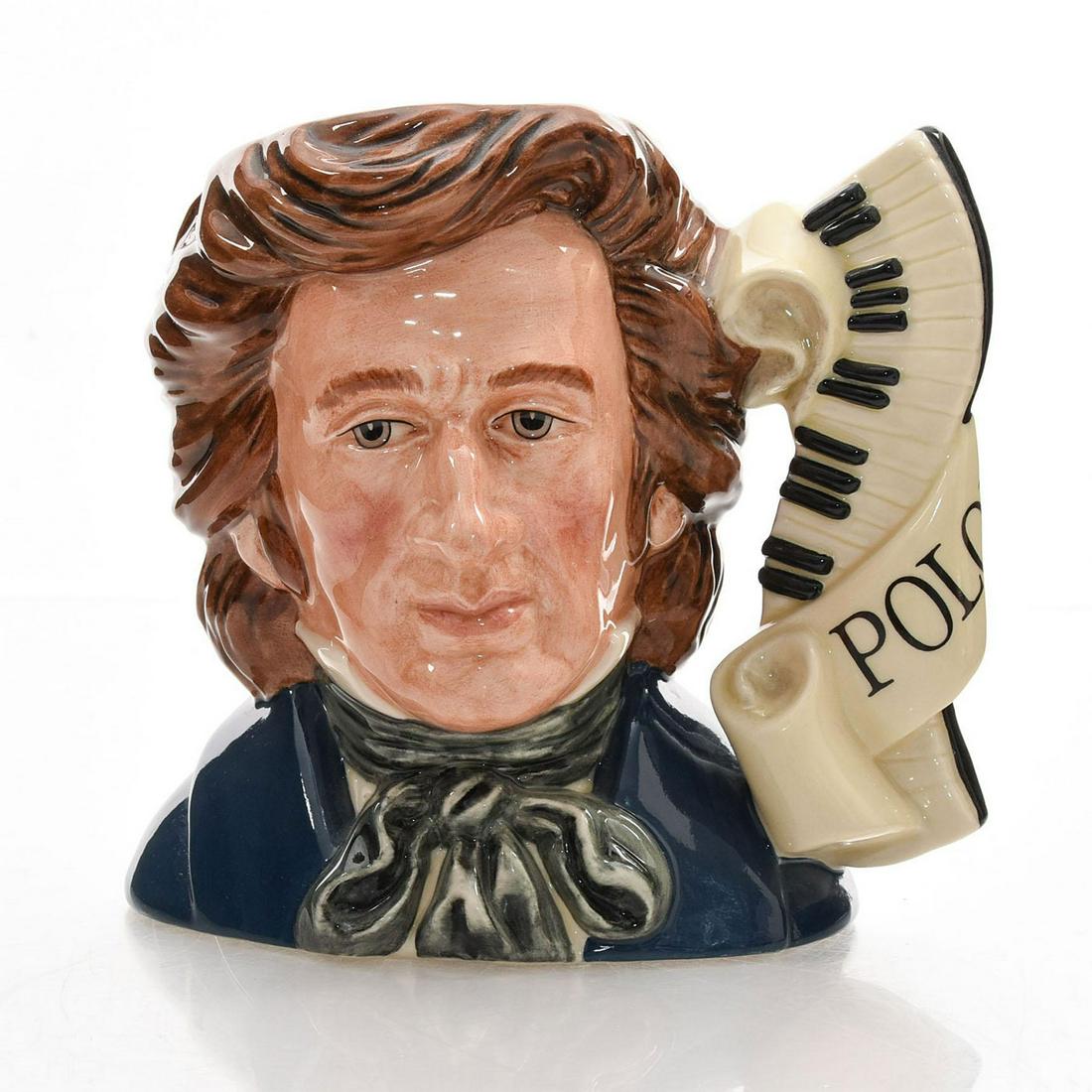 CHOPIN D7030 - LARGE - ROYAL DOULTON CHARACTER JUG: Royal Doulton Character Jug, Chopin D7030 (dark blue, black, brown, white and yellow). Designed by Stanley J. Taylor. Series: Great Composers, issued 1996 - 2000. Size 7"H (Large) Manufacturer: Royal 