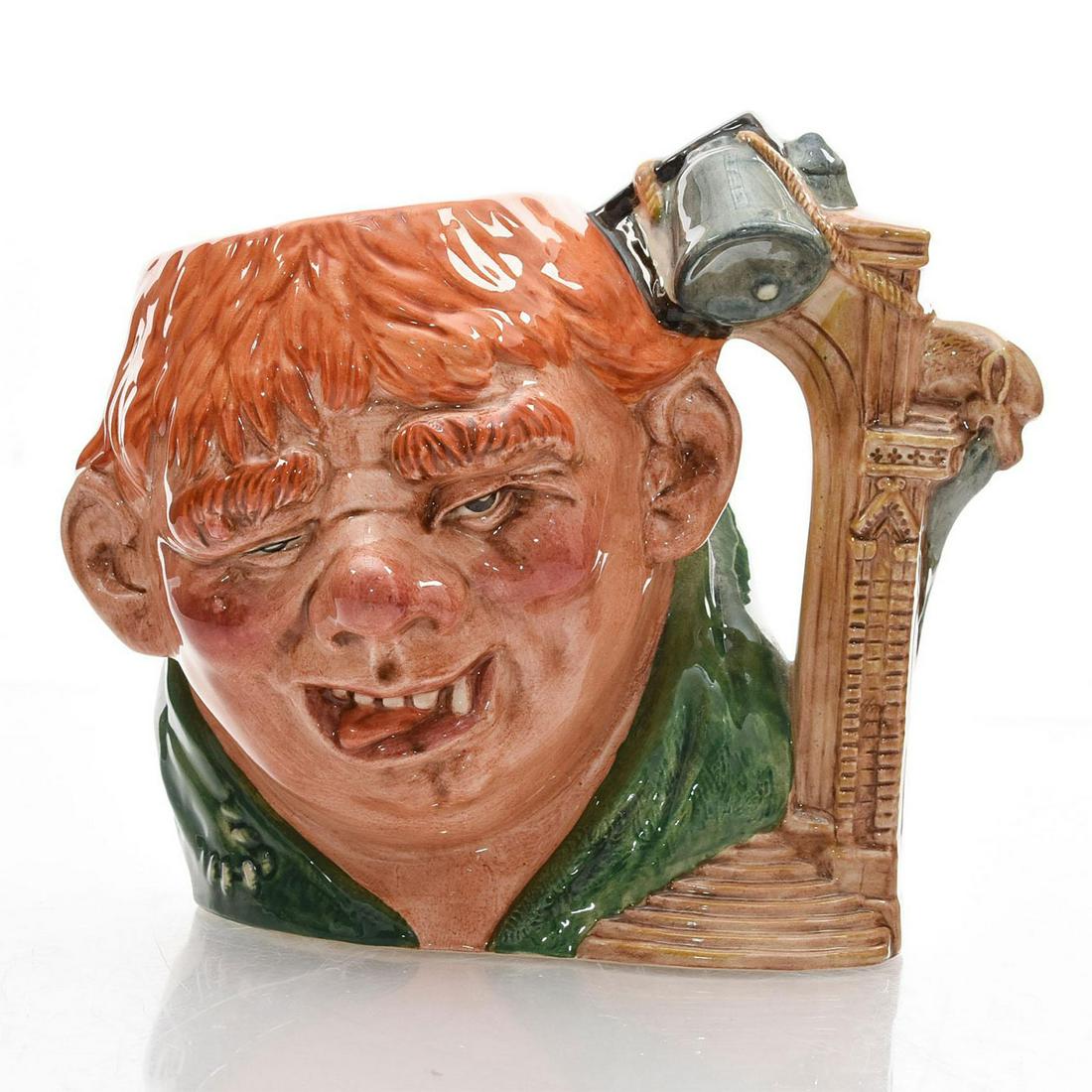 QUASIMODO D7108 - LARGE - ROYAL DOULTON CHARACTER JUG: Quasimodo D7108 (green, orange, and tan coloration). Designed by David B. Biggs. Series: Characters from Literature, issued 1998 in limited edition of 2,5000. Size: 7"H (Large)Quasimodo was the hunchb