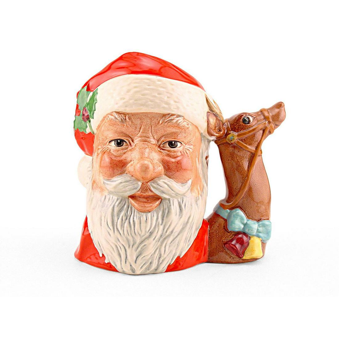 SANTA CLAUS REINDEER D6675 - LARGE - ROYAL DOULTON: Royal Doulton Character Jug, Santa Claus Red with Reindeer handle. D6675 (red, white and brown coloration). Designed by Michael Abberley, Issued 1982 - 1982. Size: 7.25"H (large) The Santa Claus jug w