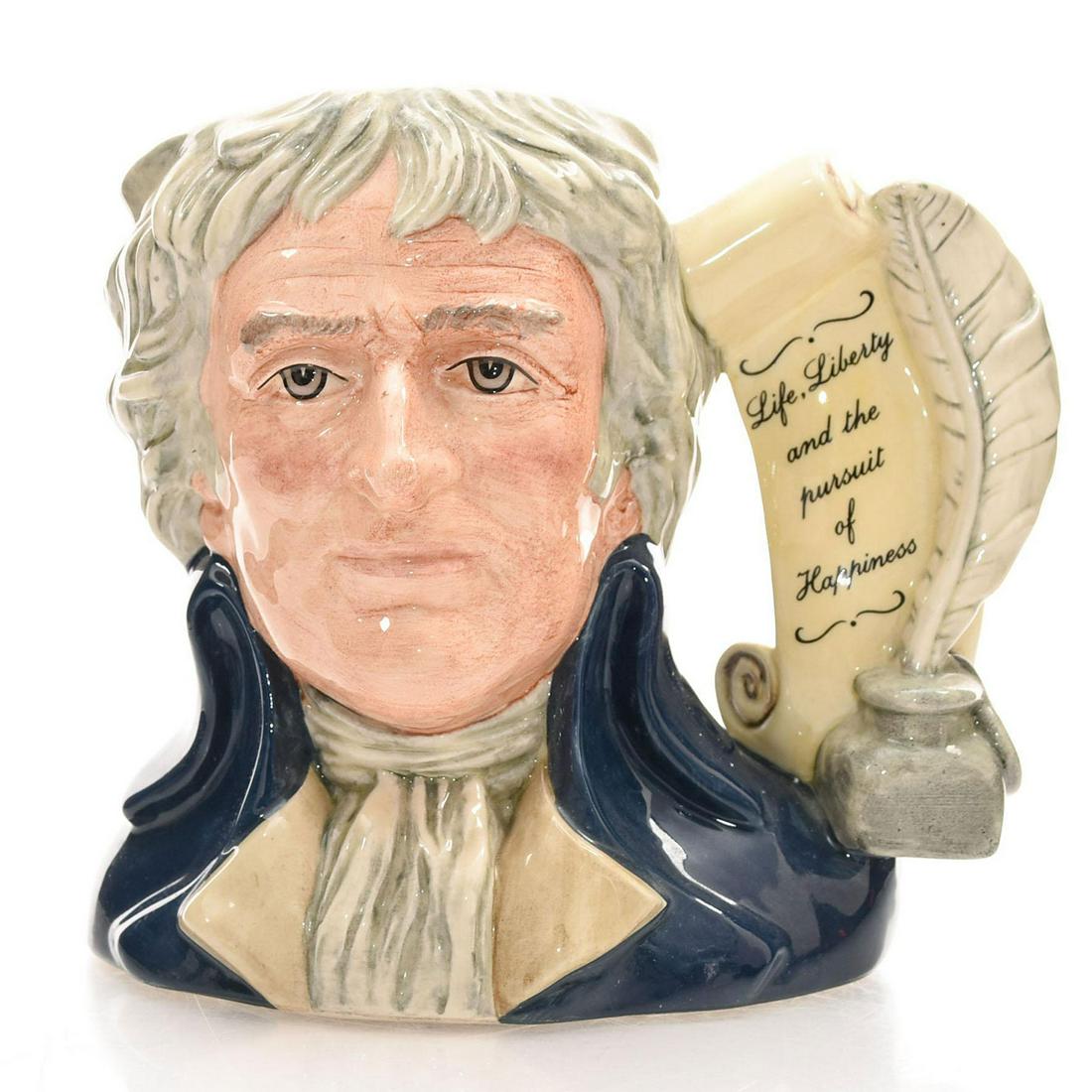 THOMAS JEFFERSON D6943 - LARGE - ROYAL DOULTON: Royal Doulton Character Jug, Thomas Jefferson D6943 (grey hair; dark blue coat; grey cravat). Designed by Stanley J. Taylor. Series: Presidents of the United States, issued 1994 in limited edition of