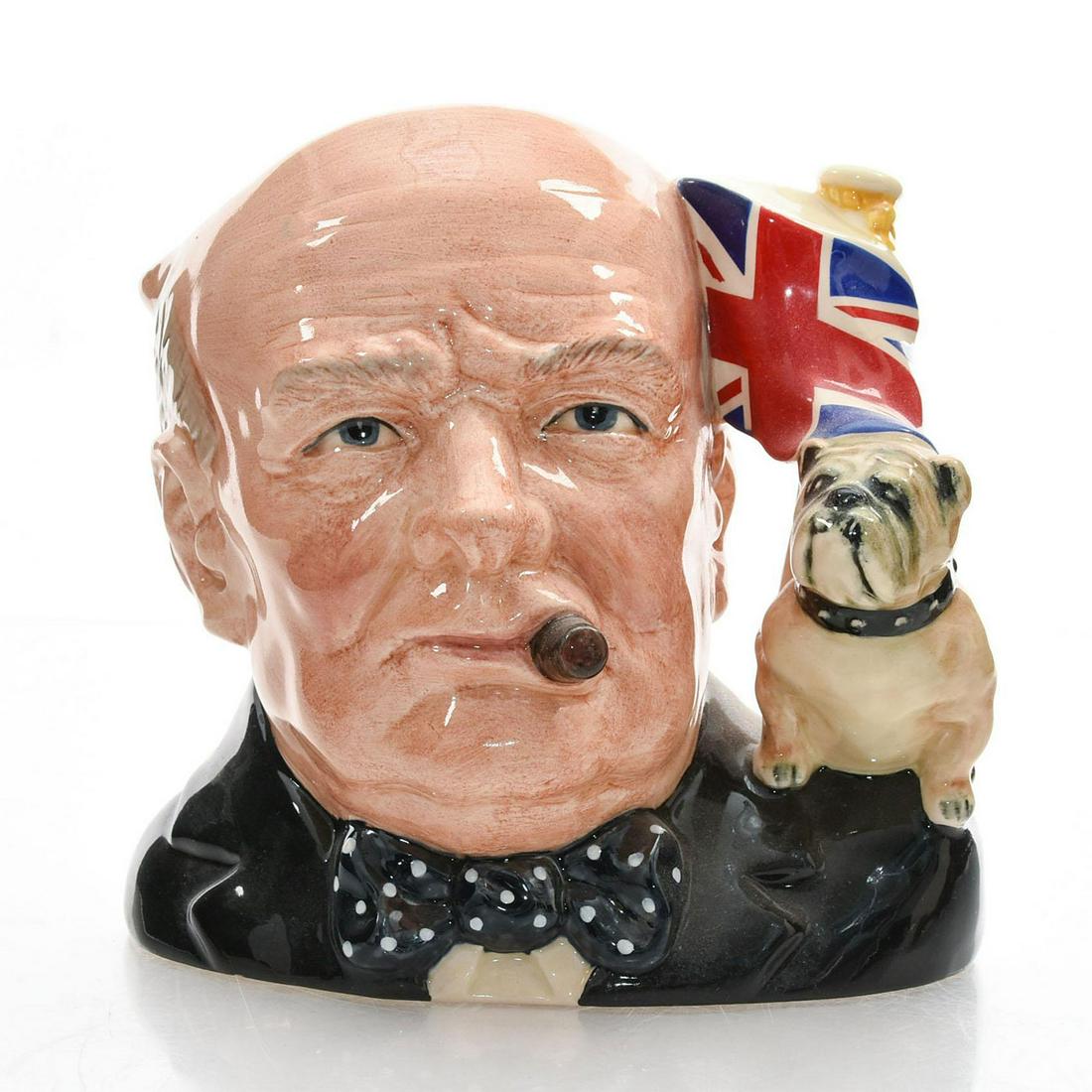 WINSTON CHURCHILL D6907 (UNION JACK AND BULLDOG HANDLE): Royal Doulton Character Jug, Winston Churchill with Union Jack & Bulldog handle D6907 (black, brown and white coloration). Designed by Stanley J. Taylor. Series: Character Jug of the Year, issued 1992