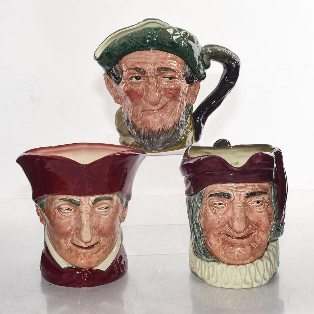 3 LG ROYAL DOULTON EARLY CHARACTER JUGS: Auld Mac D5823, Simon Cellarer, The Cardinal Stamped on bottom. Issued: 20th c. Dimensions: 6.5"H, tallest Manufacturer: Royal Doulton Country of Origin: England