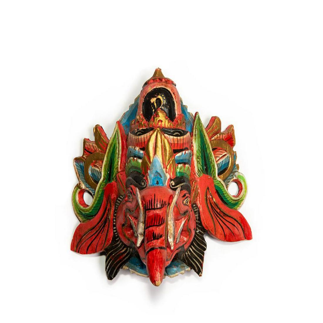 BALINESE ALLEGORICAL BARONG BHOMA GAJAH TRIBAL WALL: Hand made, decorated. Modeled as Far Eastern mythological spirit. This is a striking, hand made and decorated, allegorical Bhoma wall mask modeled as a Balinese Barong Gajah or mythological spirit of 
