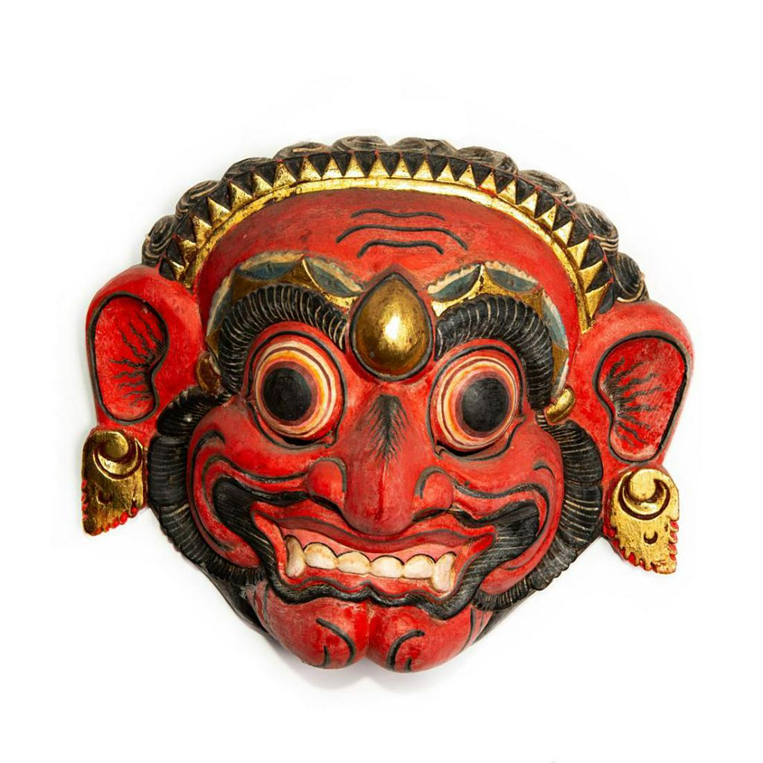 BALINESE ALLEGORICAL RAKSHASA BHOMA TRIBAL WALL MASK: Hand made, decorated. Modeled as Far Eastern mythological spirit. This is a striking, hand made and decorated, allegorical Bhoma wall mask modeled as a Rakshasa or spirit of various Far Eastern tradit