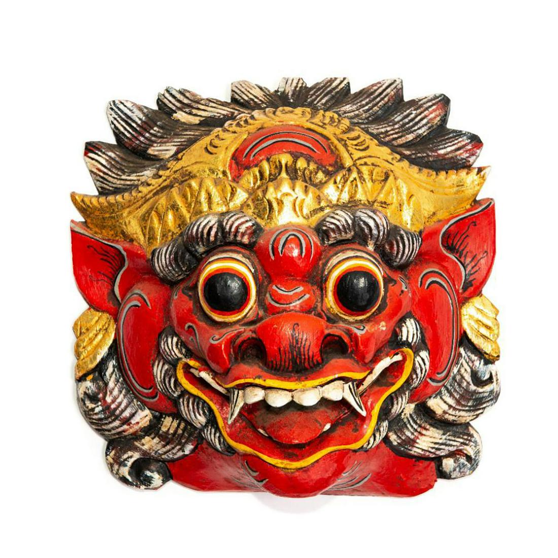 BALINESE ALLEGORICAL RAKSHASA BHOMA TRIBAL WALL MASK: Hand made, decorated. Modeled as Far Eastern mythological spirit. This is a striking, hand made and decorated, allegorical Bhoma wall mask modeled as a Rakshasa or spirit of various Far Eastern tradit