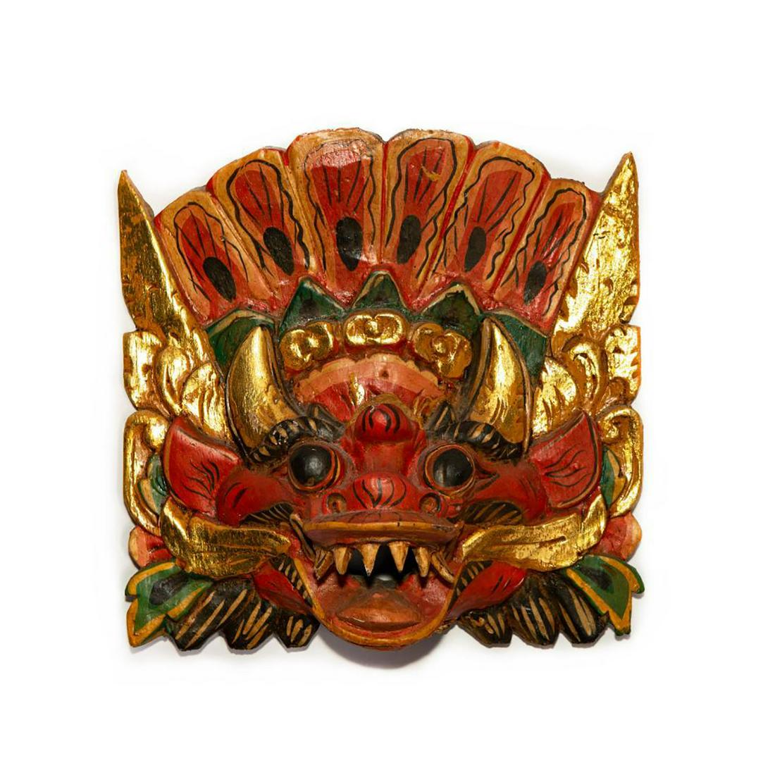 BALINESE ALLEGORICAL RAKSHASA BHOMA TRIBAL WALL MASK: Hand made, decorated. Modeled as Far Eastern mythological spirit. This is a striking, hand made and decorated, allegorical Bhoma wall mask modeled as a Rakshasa or spirit of various Far Eastern tradit