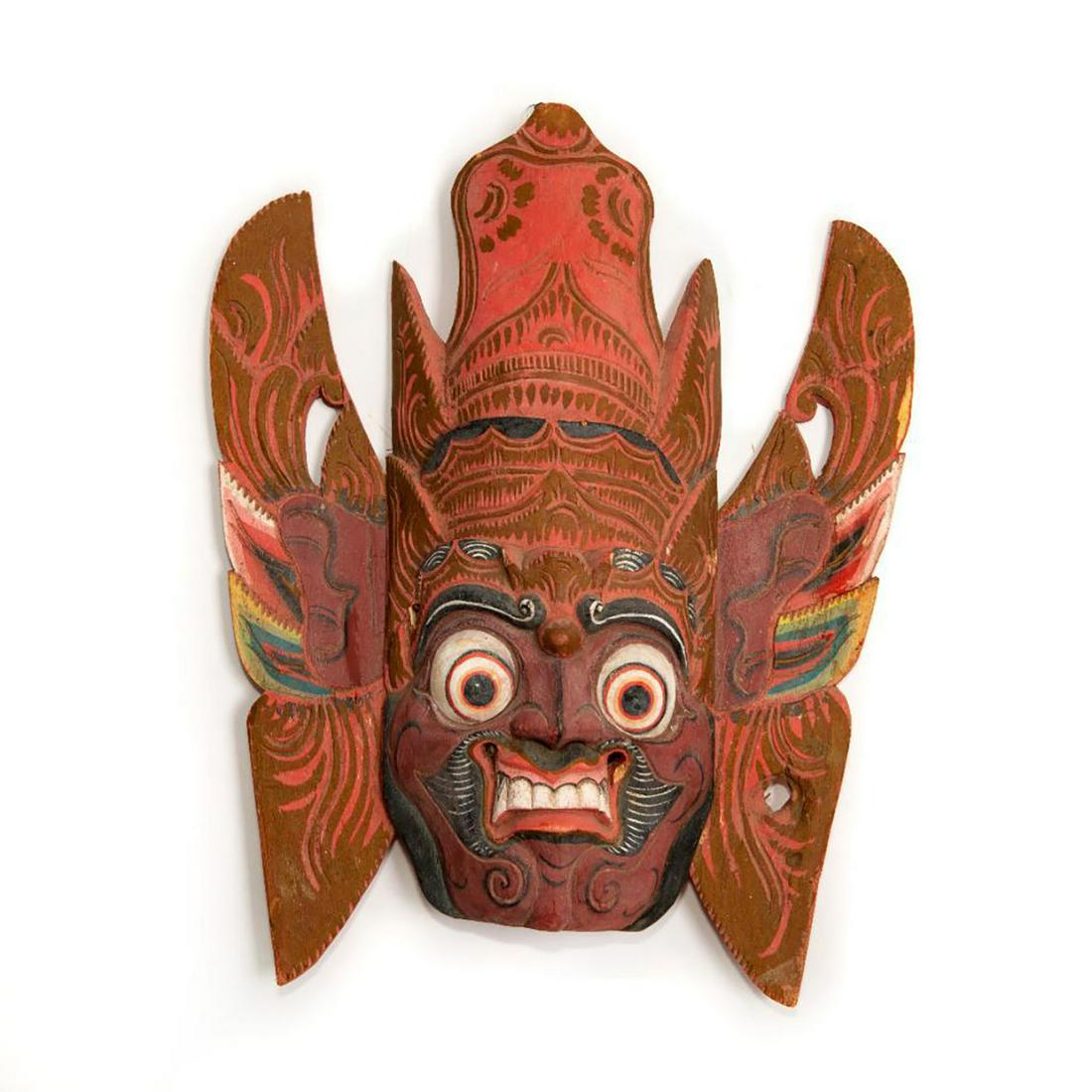 BALINESE ALLEGORICAL RAKSHASA BHOMA TRIBAL WALL MASK: Hand made, decorated. Modeled as Far Eastern mythological spirit. This is a striking, hand made and decorated, allegorical Bhoma wall mask modeled as a Rakshasa, a spirit of various Far Eastern tradit