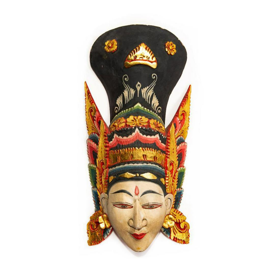 BALINESE ALLEGORICAL TRIBAL WALL MASK, SITA: Hand made, decorated. Modeled as Far Eastern mythological spirit. This is a striking, hand made and decorated, allegorical Bhoma wall mask modeled as Sita, a central figure in several Far Eastern trad