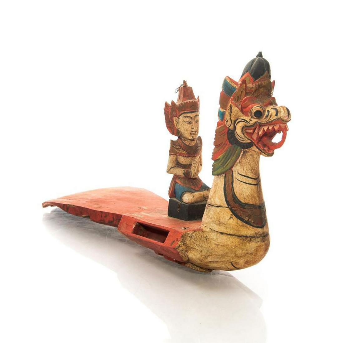 VINTAGE BALINESE ALLEGORICAL HANGING DRAGON BHOMA,: Hand made, decorated. Based upon figures in Far Eastern legend. This allegorical wood carving is based on Far Eastern legends of the dragon bird Garuda and his service as a steed to the spirit Shantin